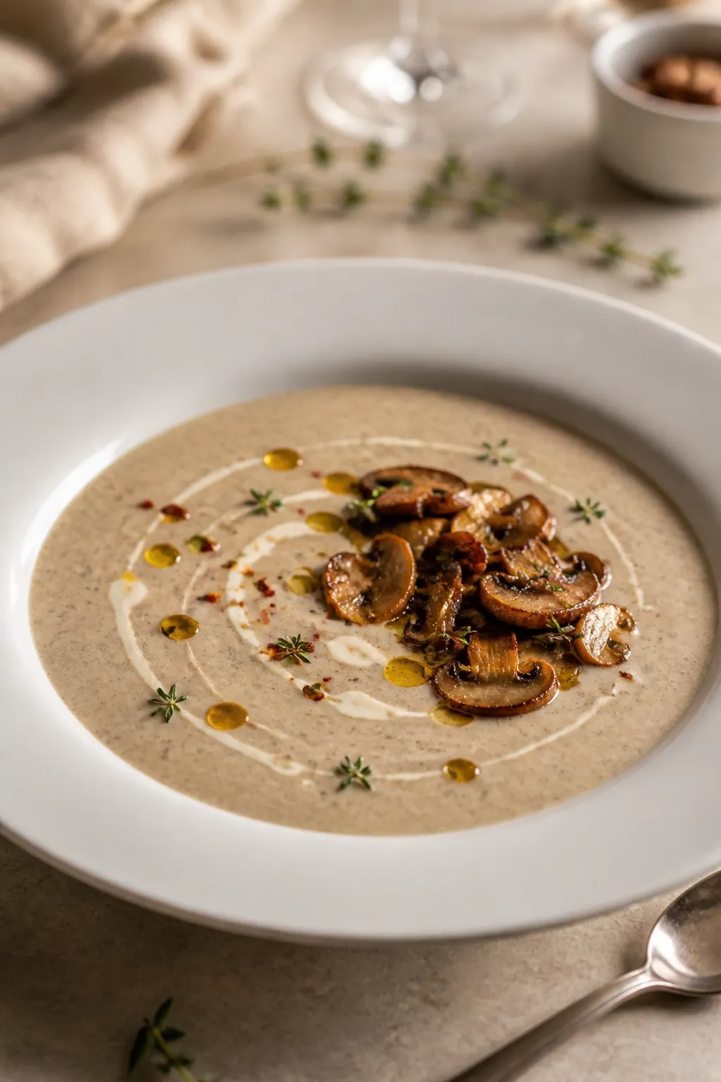 Final plated elegance: Restaurant-quality presentation of Keto Cream of Mushroom Soup poured tablesi