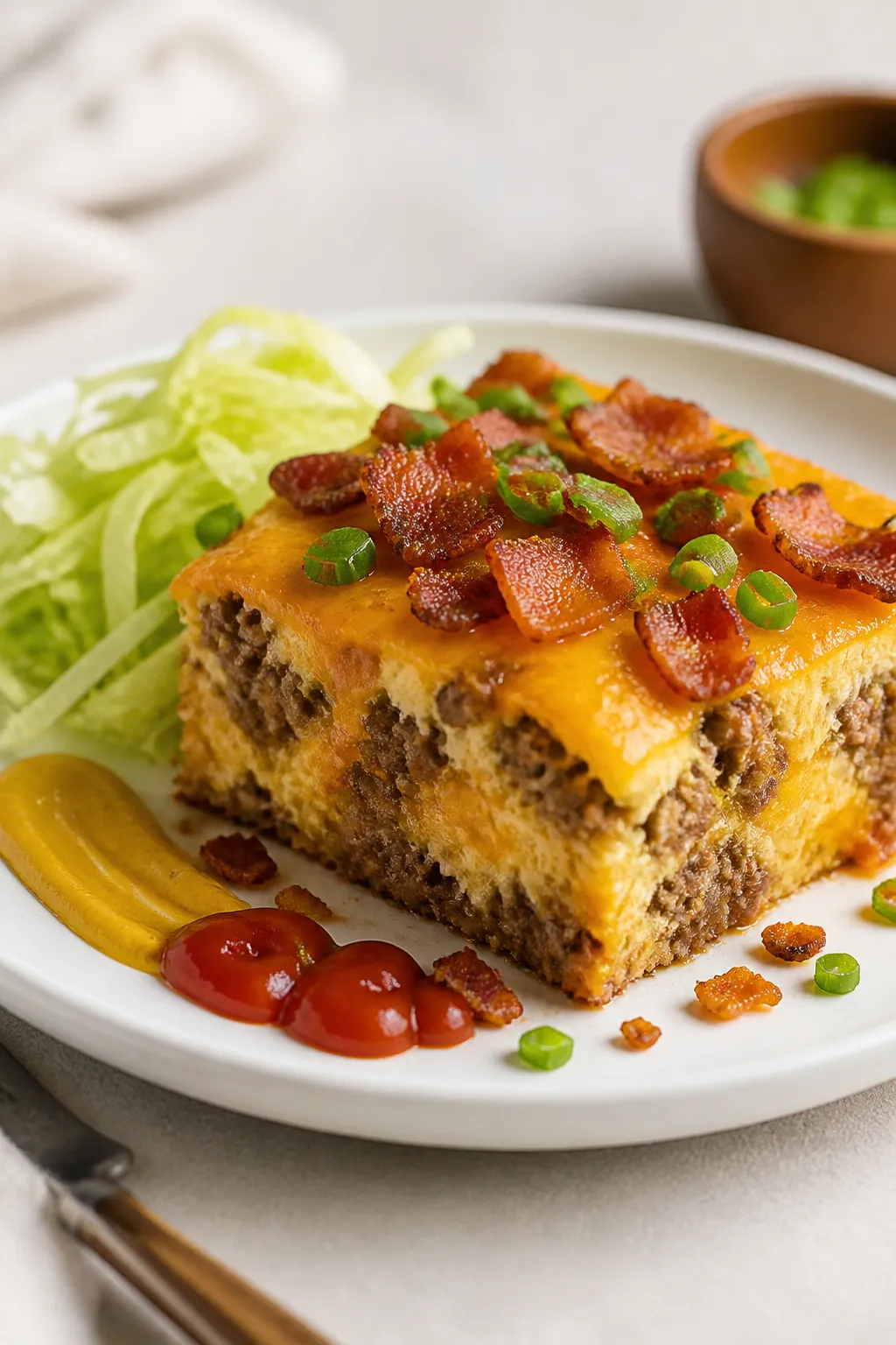 Final plated hero: Beautifully plated slice of Keto Cheeseburger Casserole on a white ceramic plate,