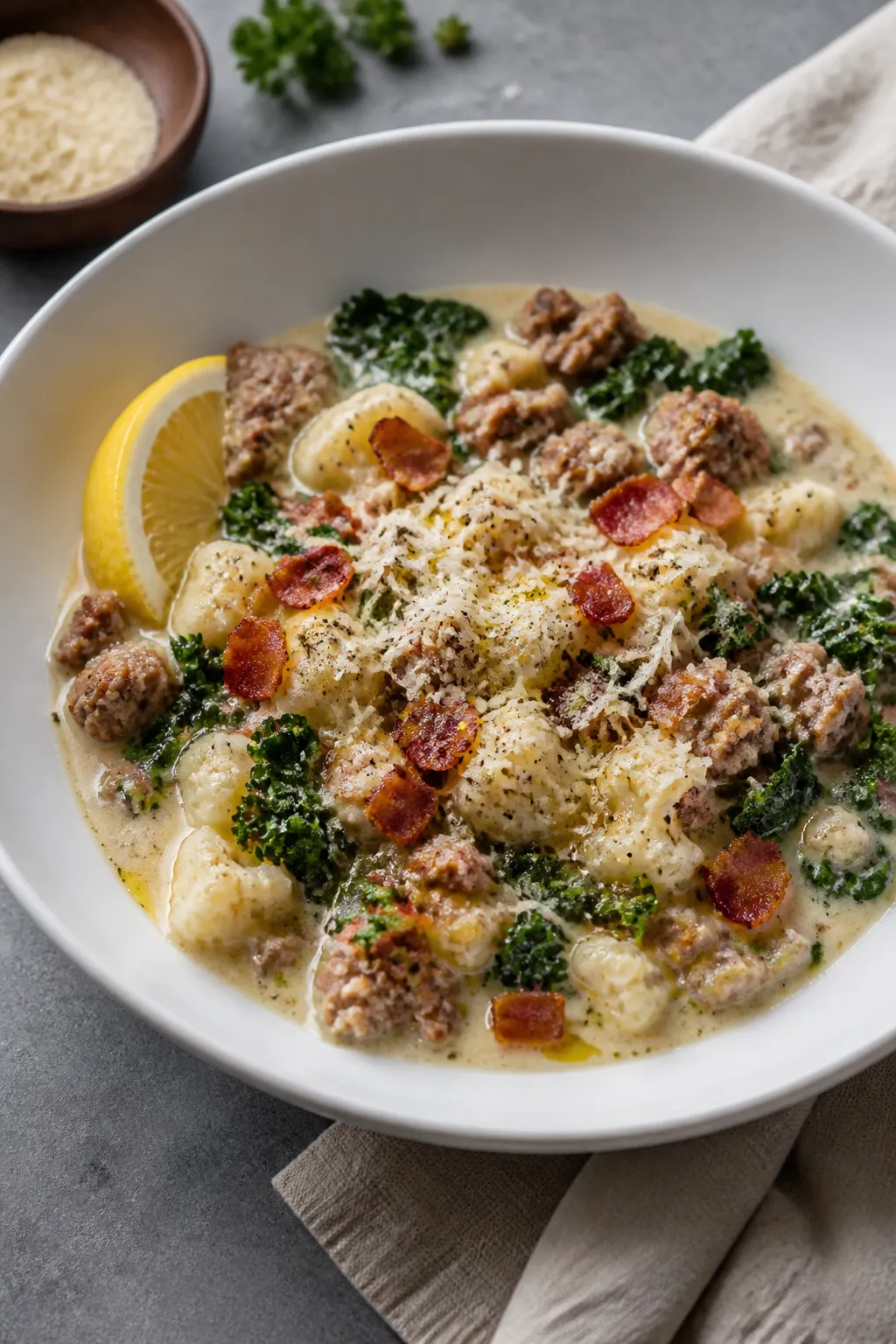 Final plated hero: Beautifully served bowl of Keto Zuppa Toscana, garnished with extra Parmesan, cri