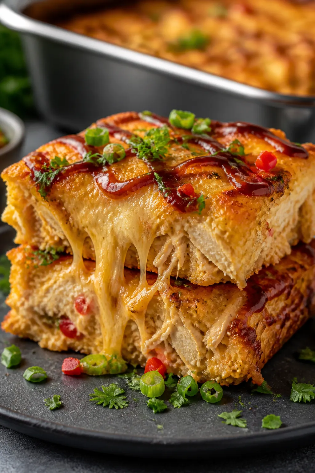 Final plated hero, close-up detail: Restaurant-quality presentation of two stacked slices of keto BB