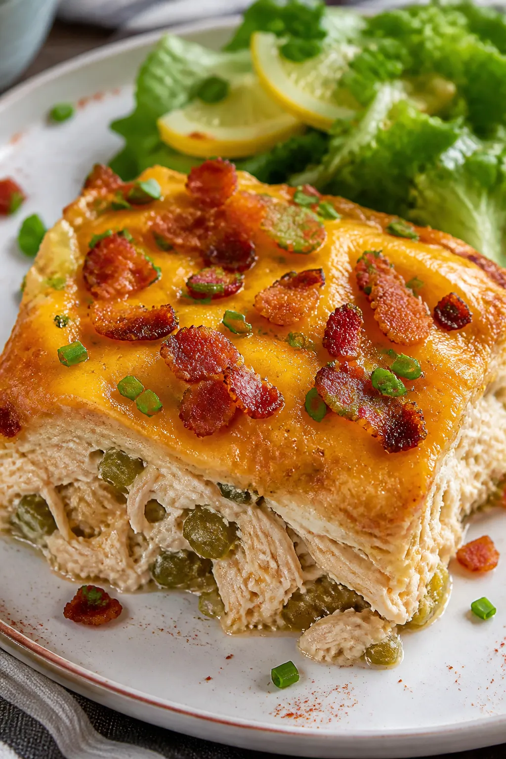 Final plated hero: Single generous square of the casserole served on a white ceramic plate, dramatic