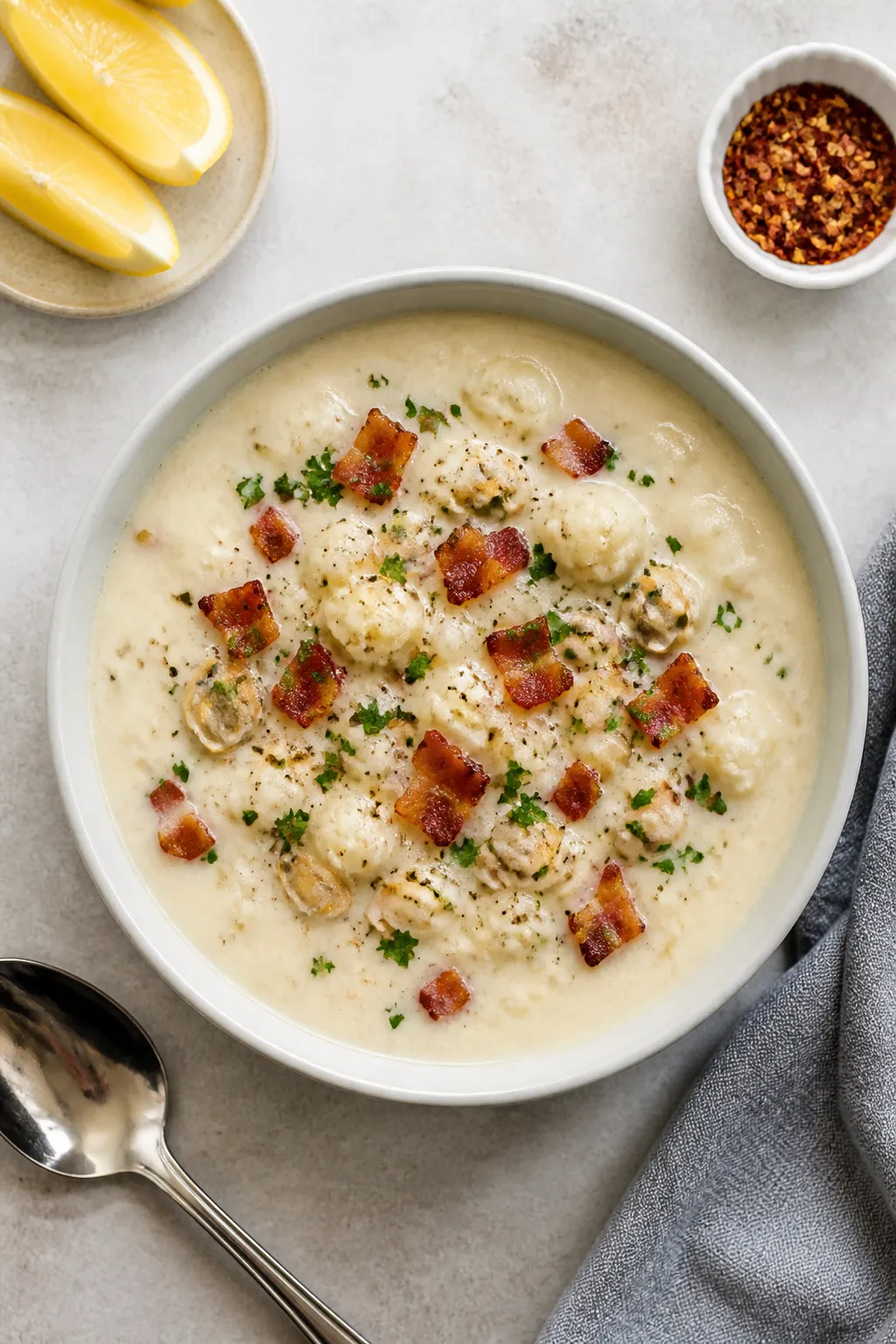 Final plated, overhead presentation: Top-down hero shot of a bowl of keto clam chowder styled for se