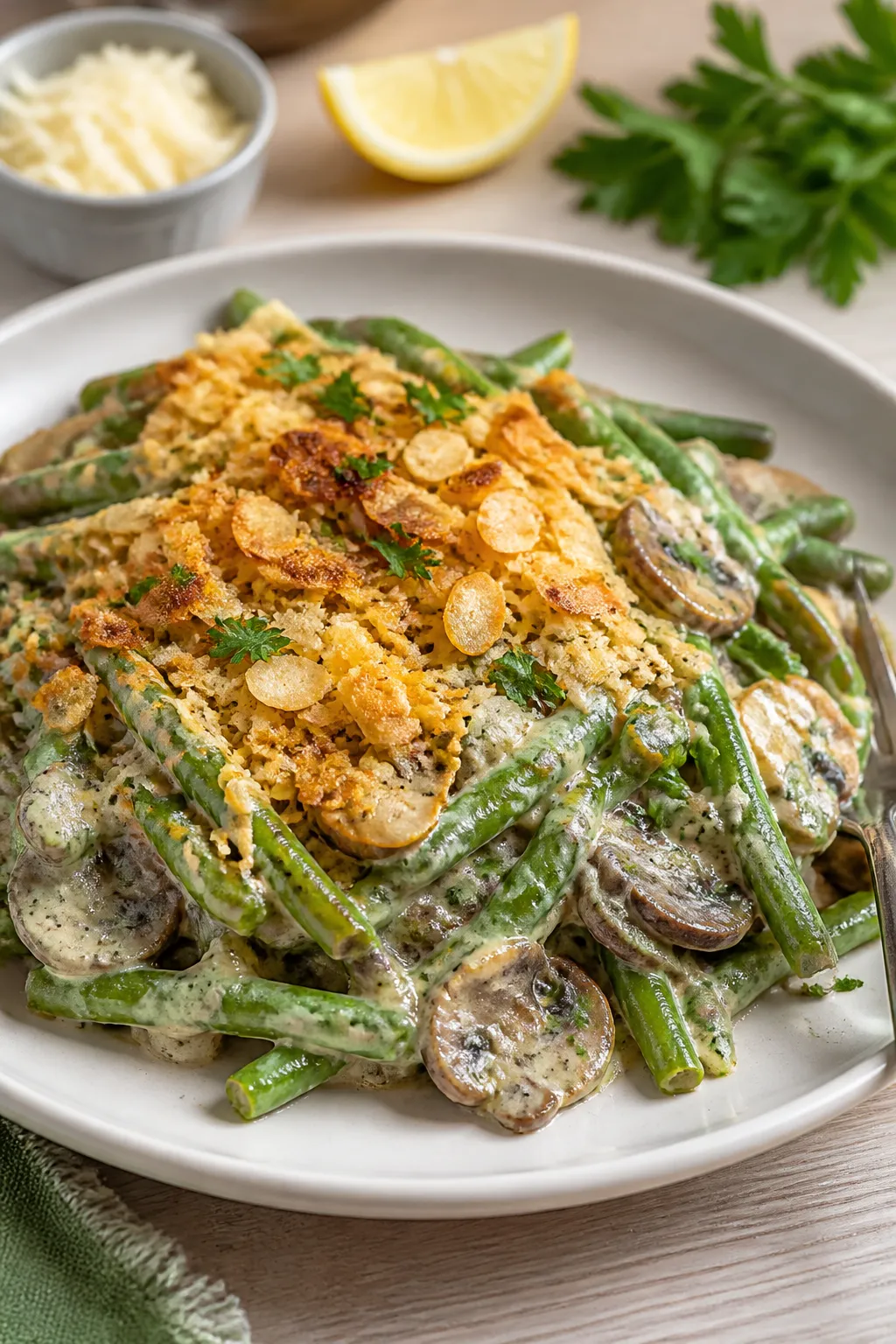 Final plated presentation: A generous scoop of Keto Green Bean Casserole served on a matte white pla
