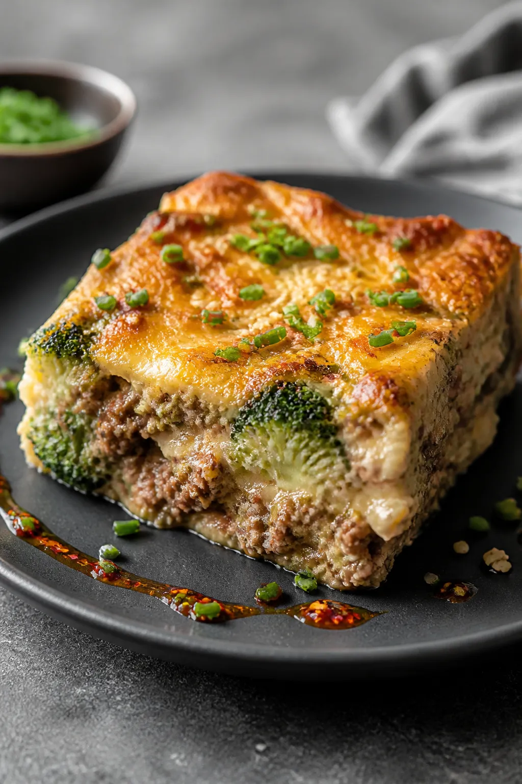 Final plated presentation: a generous square of Keto Beef and Broccoli Casserole served on a matte c
