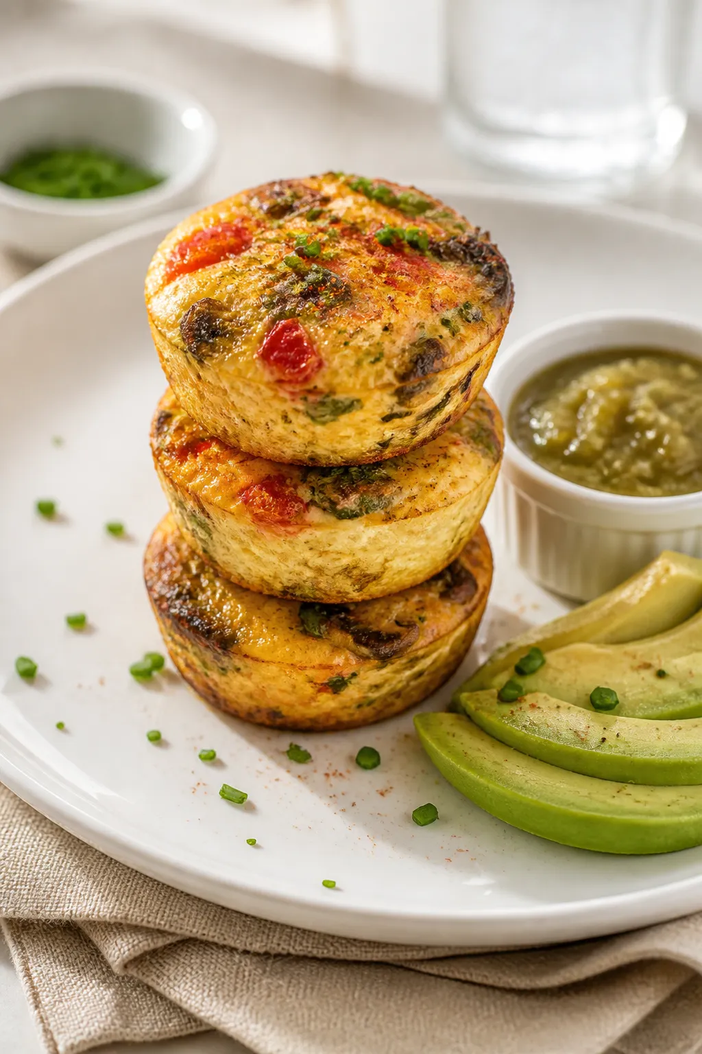 Final plated presentation: Restaurant-quality plate of three keto egg muffins stacked slightly offse