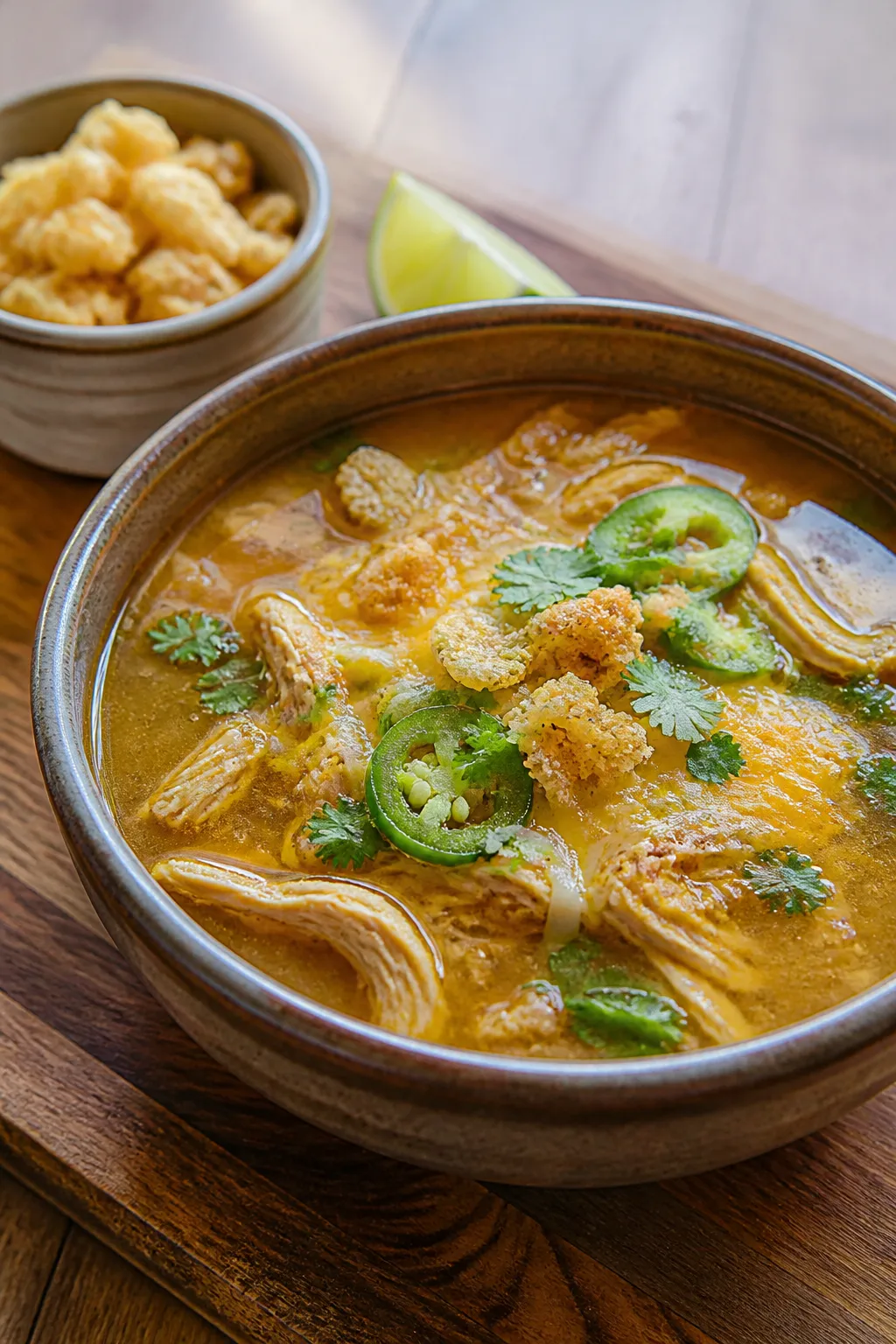 Final plated presentation: Restaurant-quality plating of keto chicken tortilla soup served in a rust