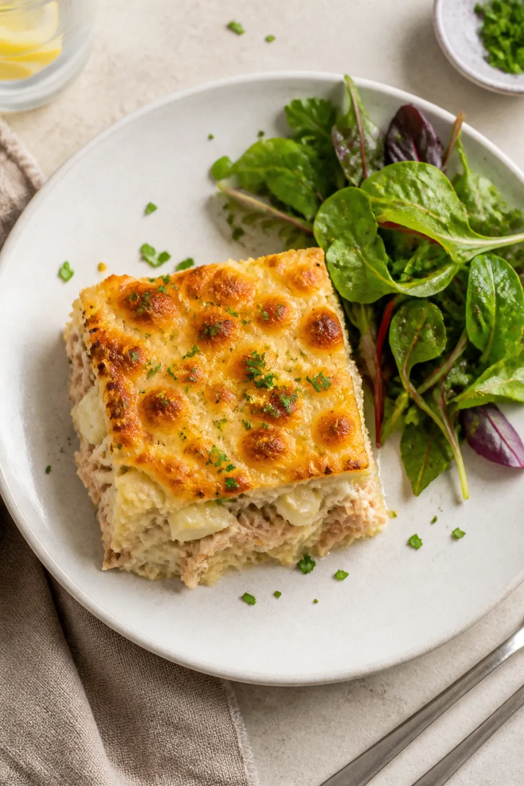 Final plated presentation: Single-serving square of keto tuna casserole neatly lifted and plated on