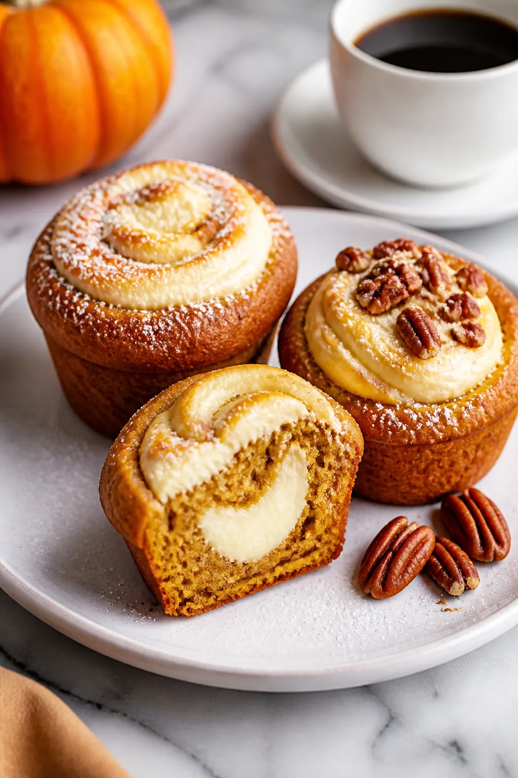Final plated presentation: Three bakery-style keto pumpkin cream cheese muffins on a white ceramic p