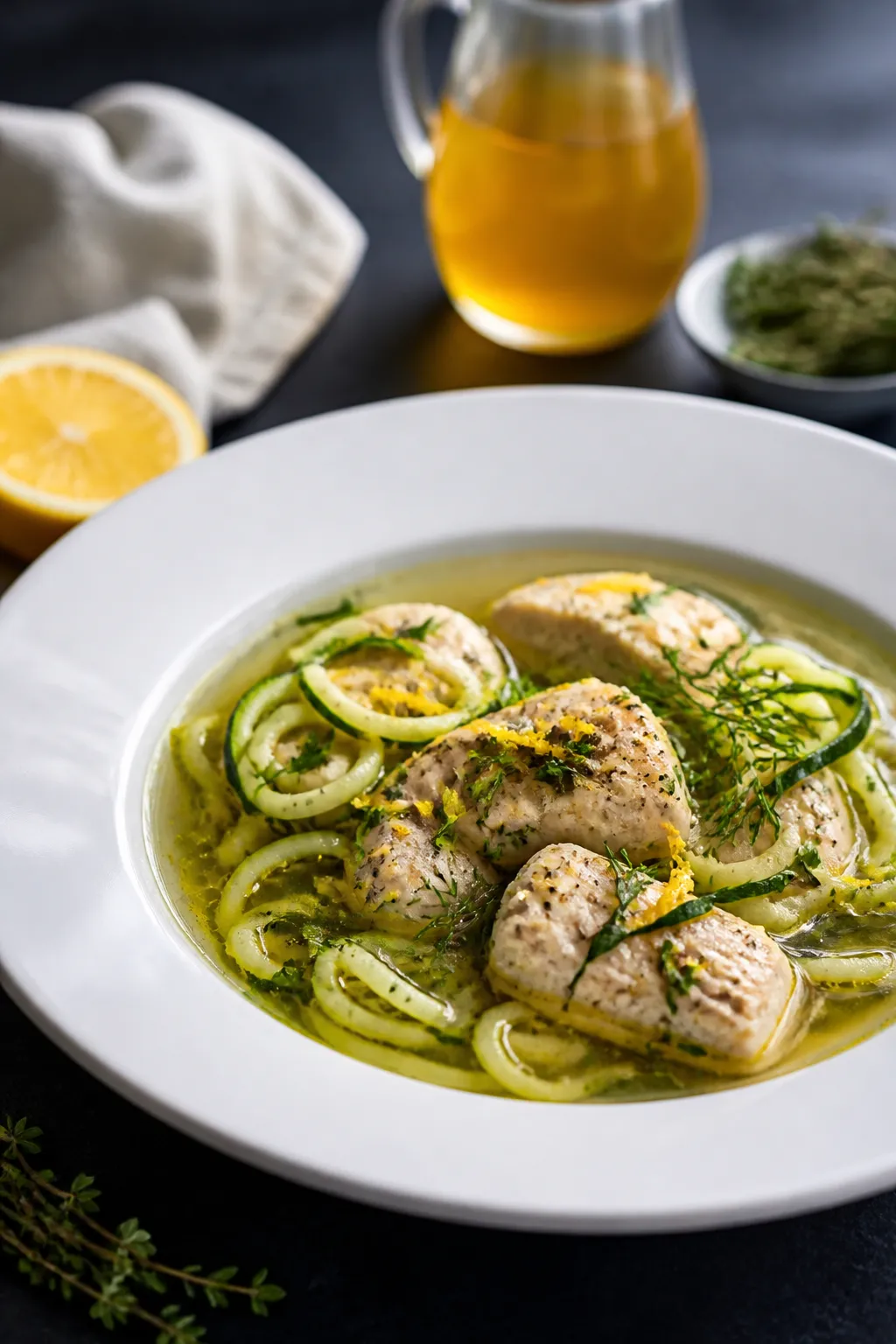 Final plated, restaurant-quality presentation: A white wide-rim bowl showcasing glossy, clear chicke