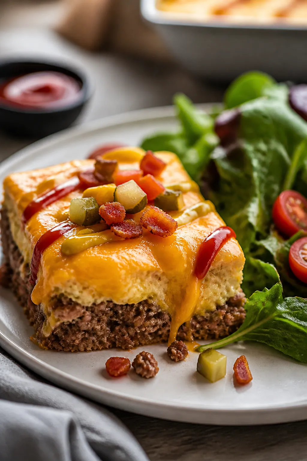 Final plated serving beauty shot: A clean square slice of keto bacon cheeseburger casserole plated o