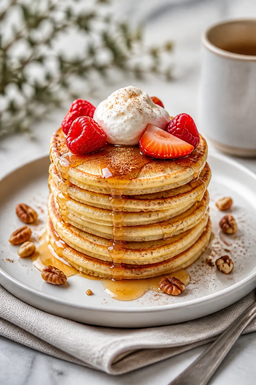 Final plated stack beauty shot: A tall stack of keto cream cheese pancakes on a matte white plate, g