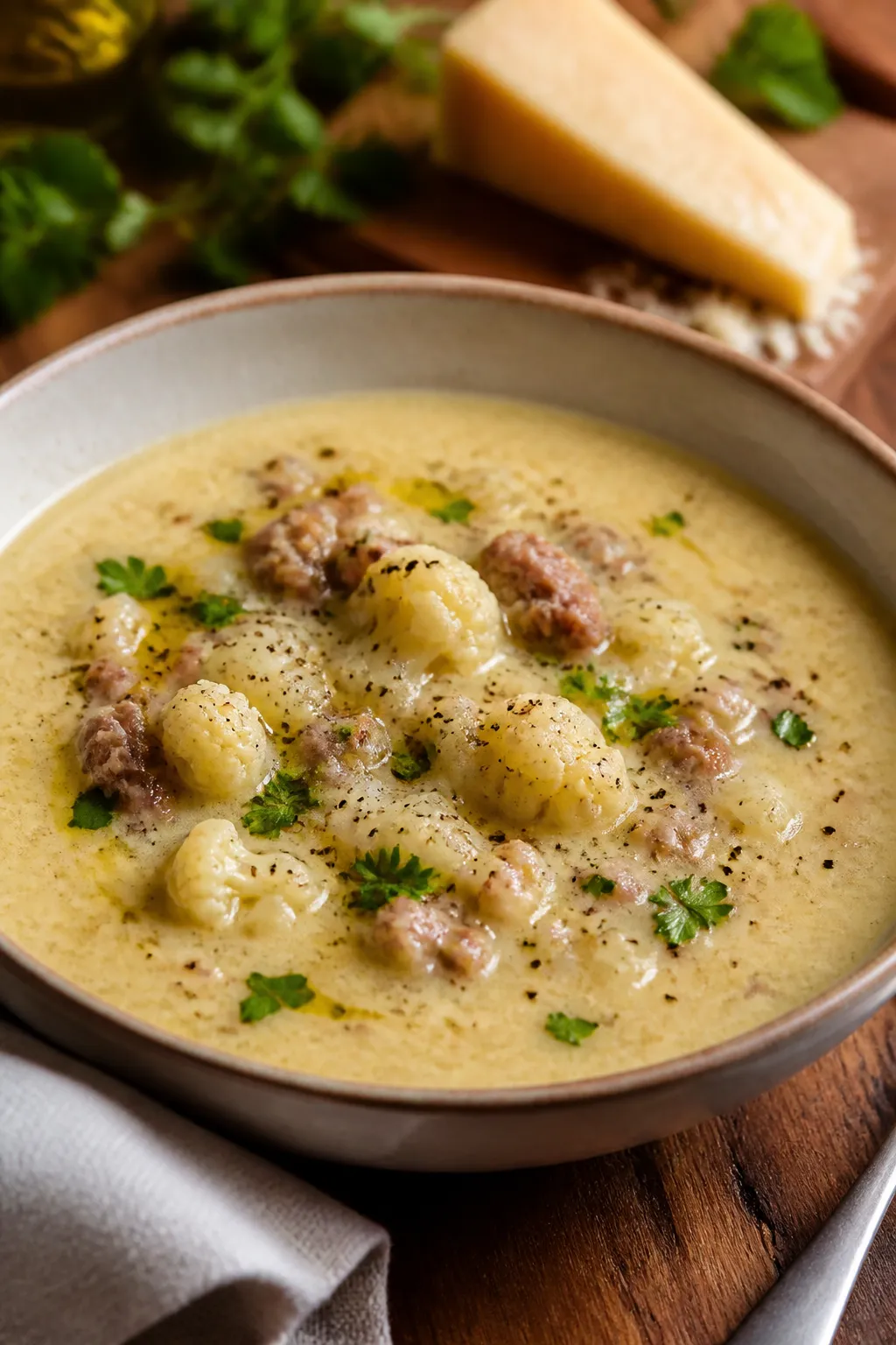 Final presentation hero: Restaurant-quality plating of Keto Sausage and Cauliflower Soup on a rimmed
