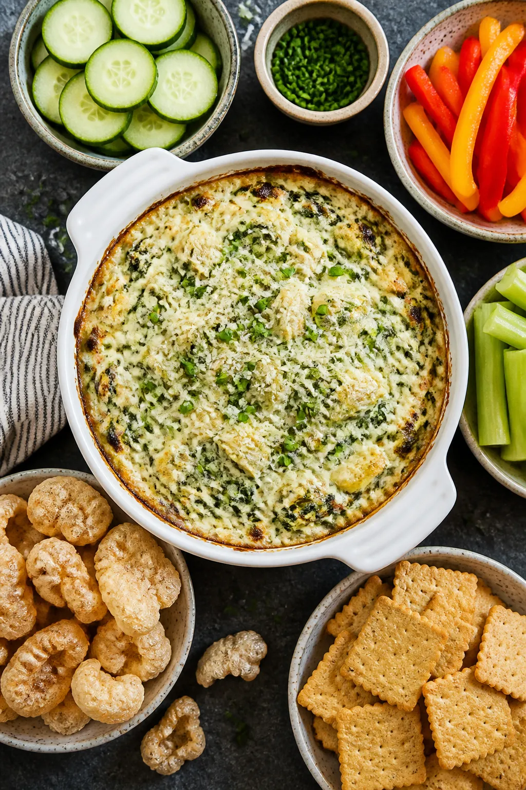 Final presentation: Restaurant-quality plated spread of warm Keto Spinach Artichoke Dip served in a