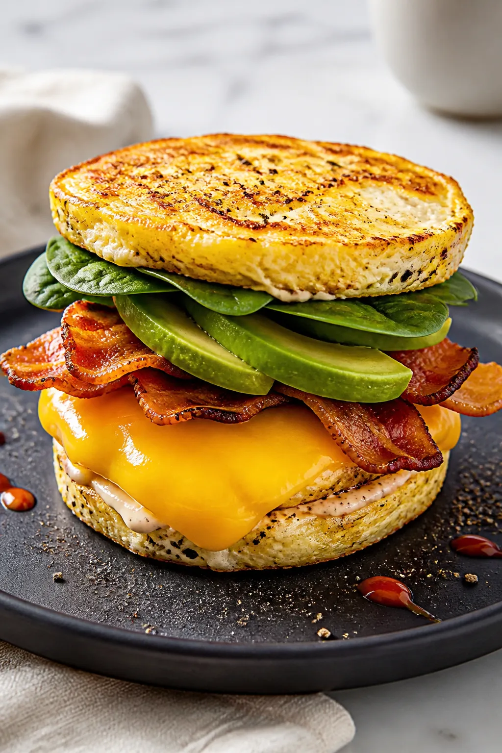 Final sandwich beauty shot: Keto breakfast sandwich stacked with crisp bacon, a perfectly melted che