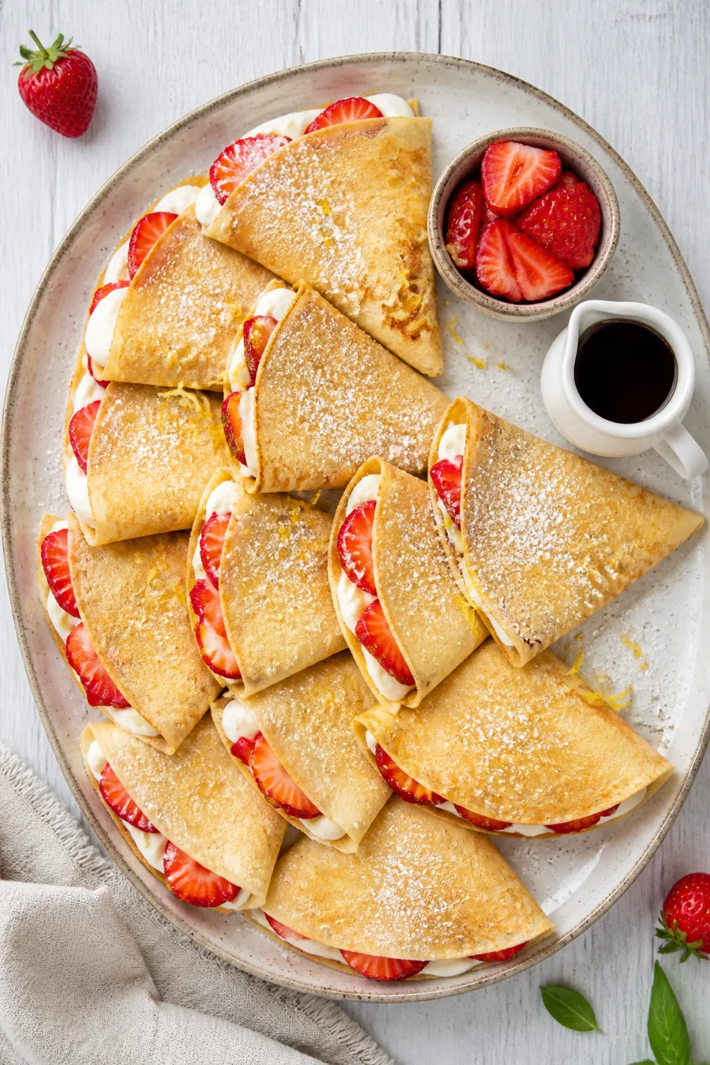 Overhead brunch spread: of 8–10 quarter-folded keto crepes fanned on a large ceramic platter, each