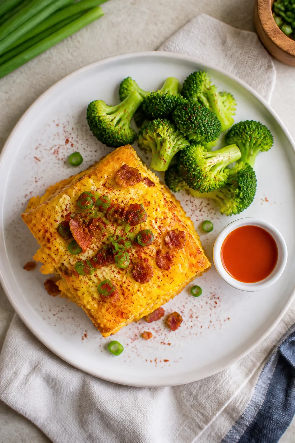 Overhead final presentation: Top-down shot of a neatly portioned square of Keto Crack Chicken Casser