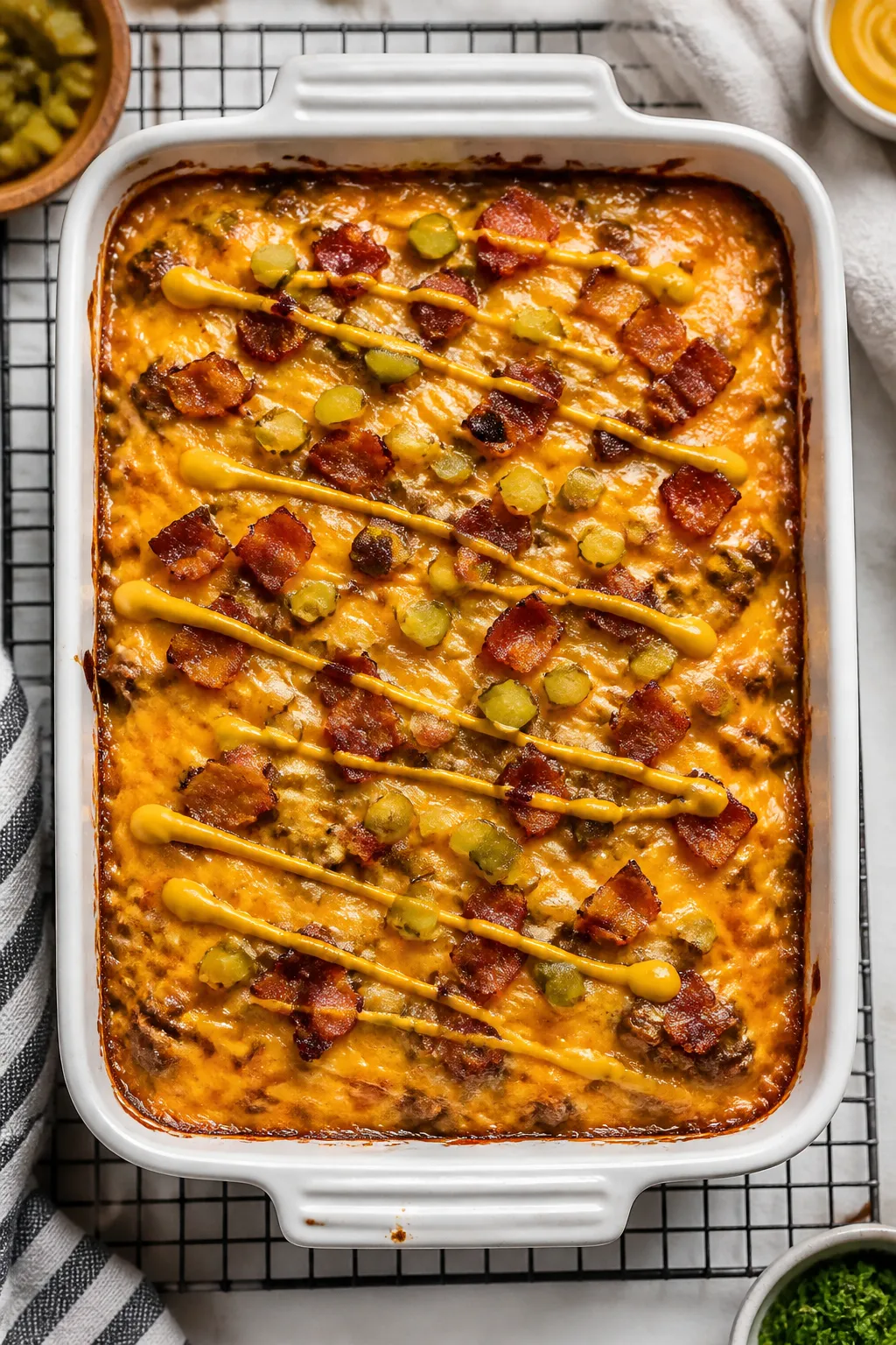 Overhead “just baked” casserole: Keto bacon cheeseburger casserole in a 9x13 baking dish on a co