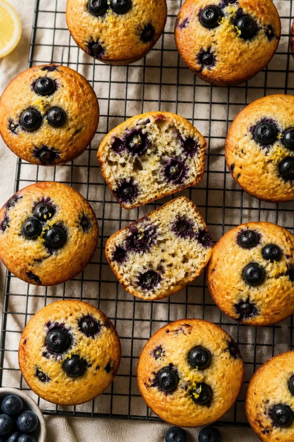 Overhead shot of a cooling rack filled with keto blueberry muffins at the “cool properly” stage,