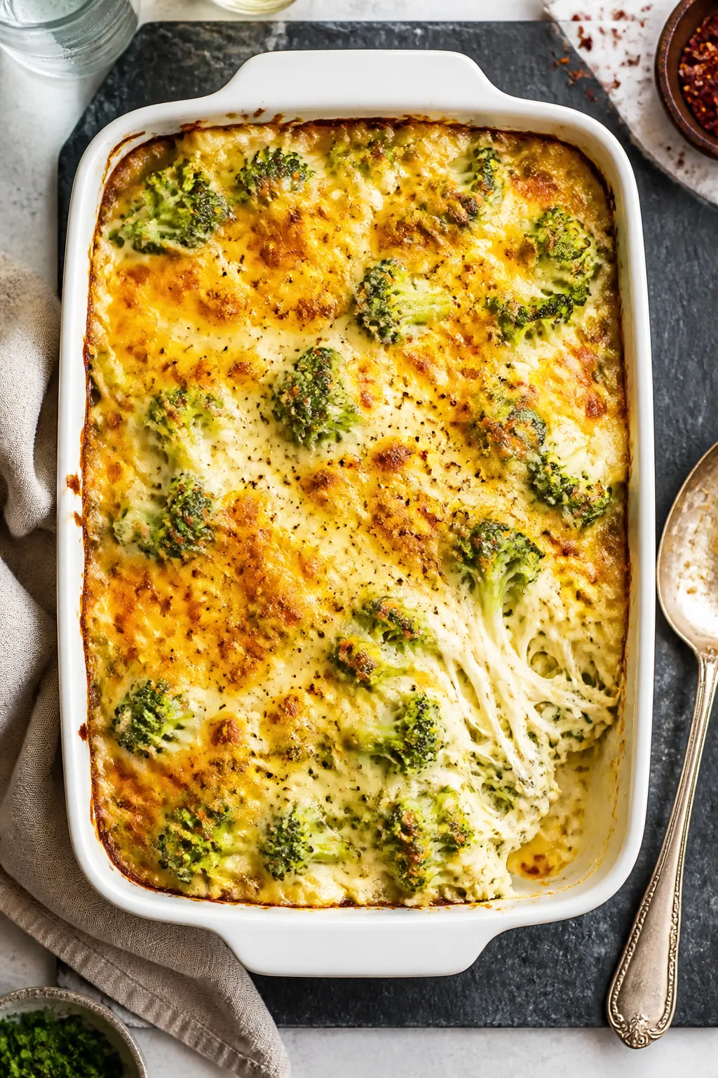 Overhead shot of the casserole fresh from the oven: golden, bubbly cheddar–mozzarella top with lig
