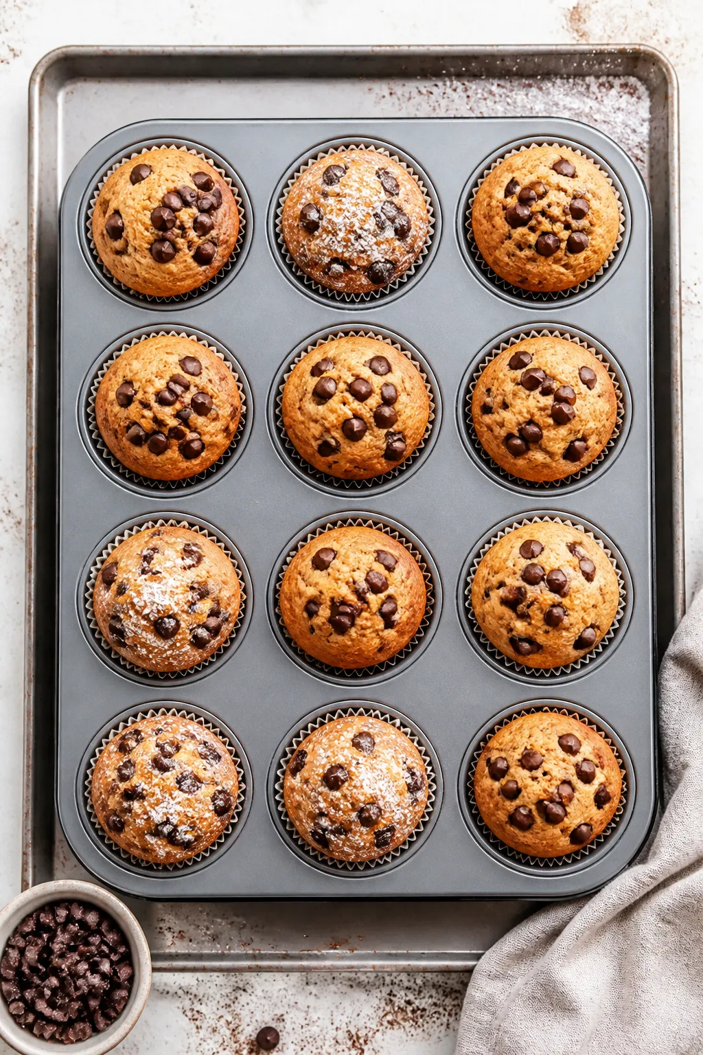 Overhead tasty top view: A 12-cup muffin tin filled with baked keto chocolate chip muffins, each lin