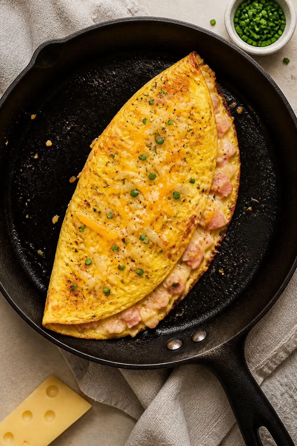 Overhead tasty top view: A keto ham and cheese omelet just folded in the pan, one half sprinkled wit