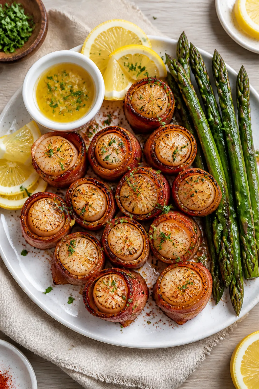 Overhead “tasty top view”: Finished keto bacon-wrapped scallops arranged in a tight circular pat