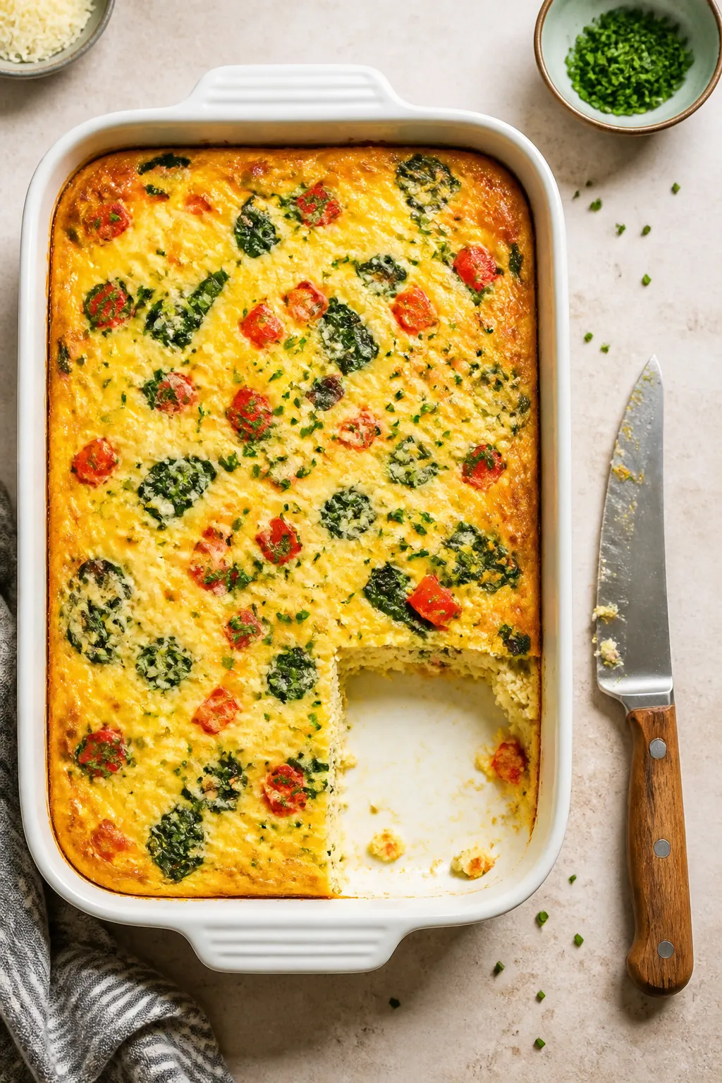 Overhead “tasty top view”: Freshly baked keto egg casserole in a 9x13 dish, top puffed and light
