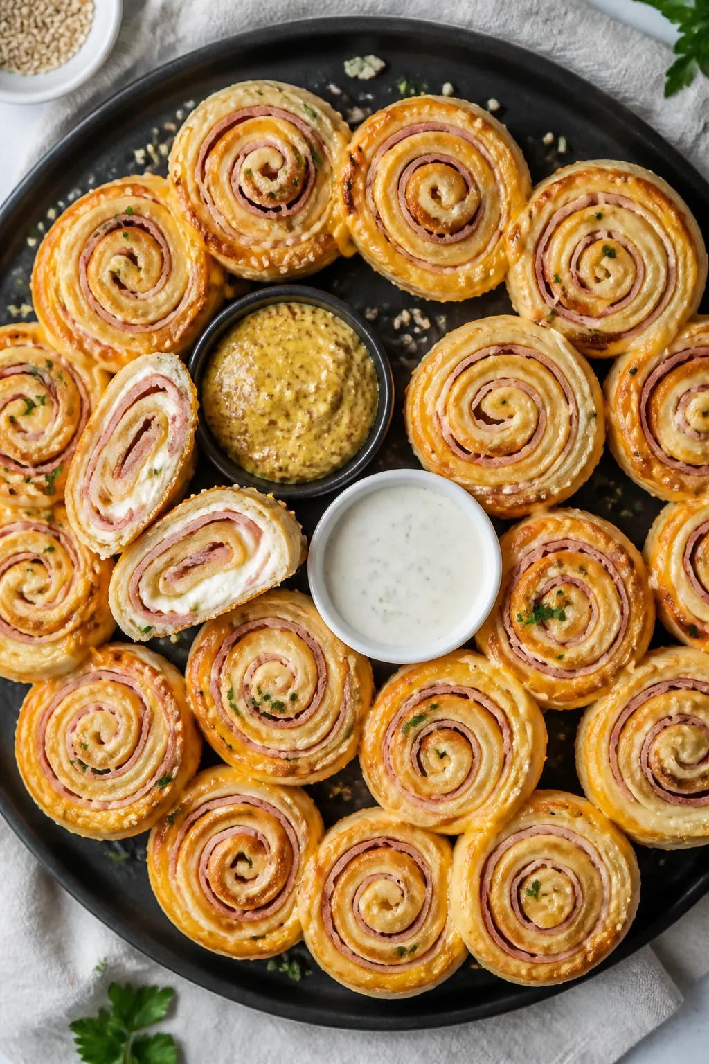 Overhead “tasty top view” of a platter of keto ham and cheese pinwheels arranged in a tight spir