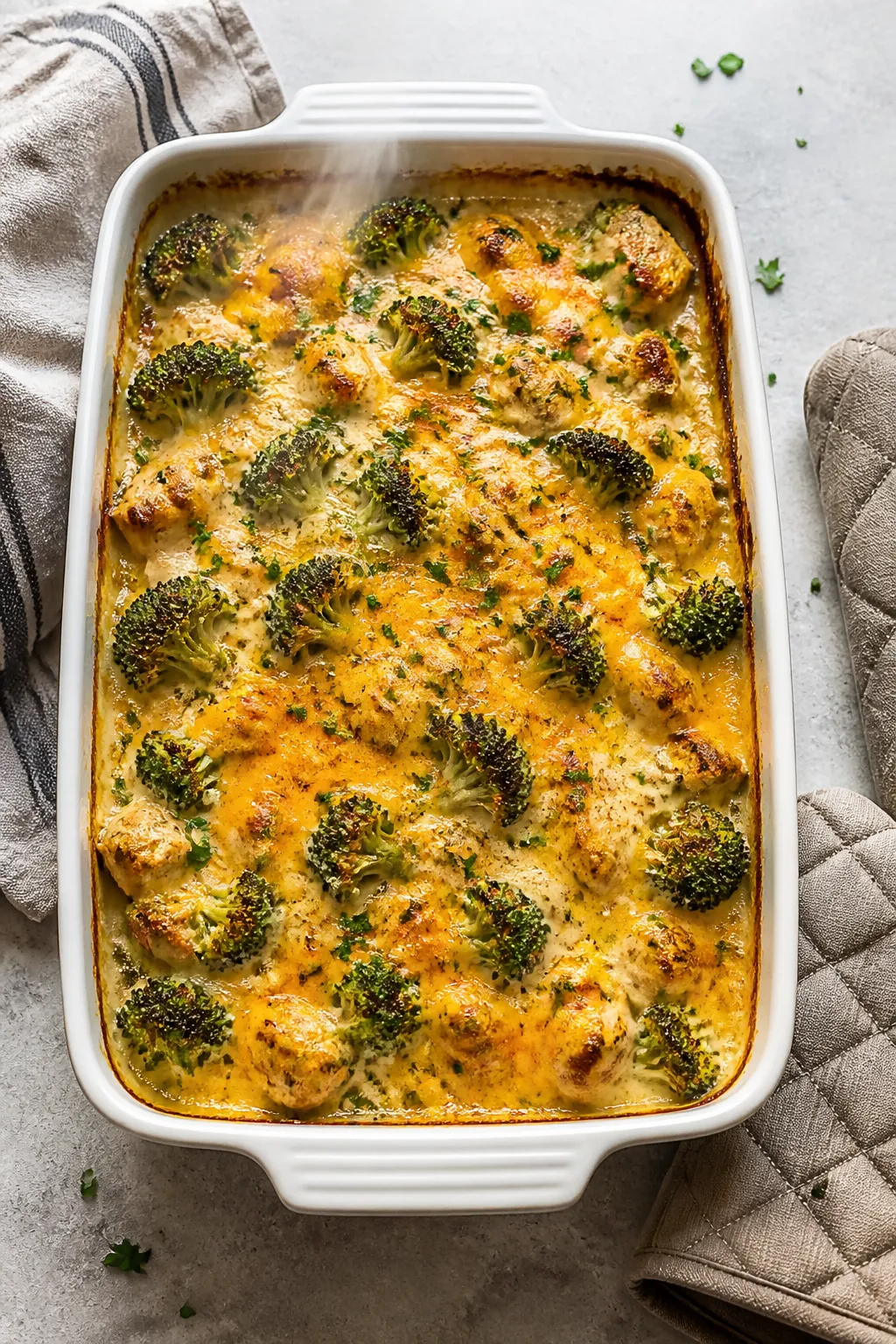 Overhead “tasty top view” of the baked keto chicken and broccoli casserole just out of the oven