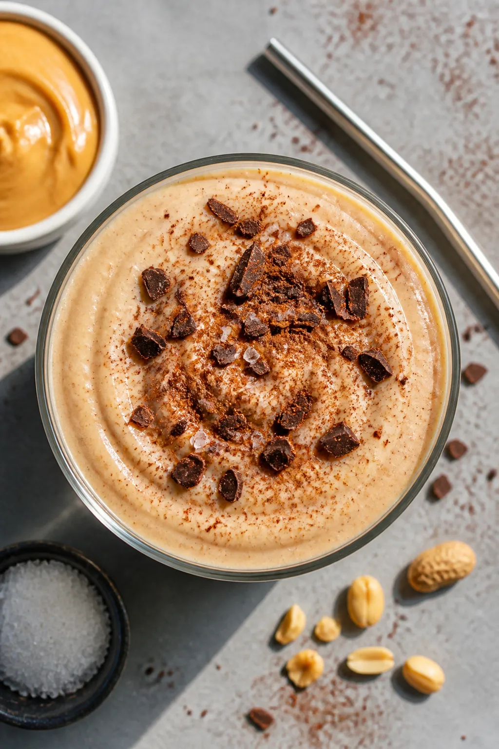 Overhead “tasty top view” of the final Keto Peanut Butter Smoothie in a wide tumbler, topped wit