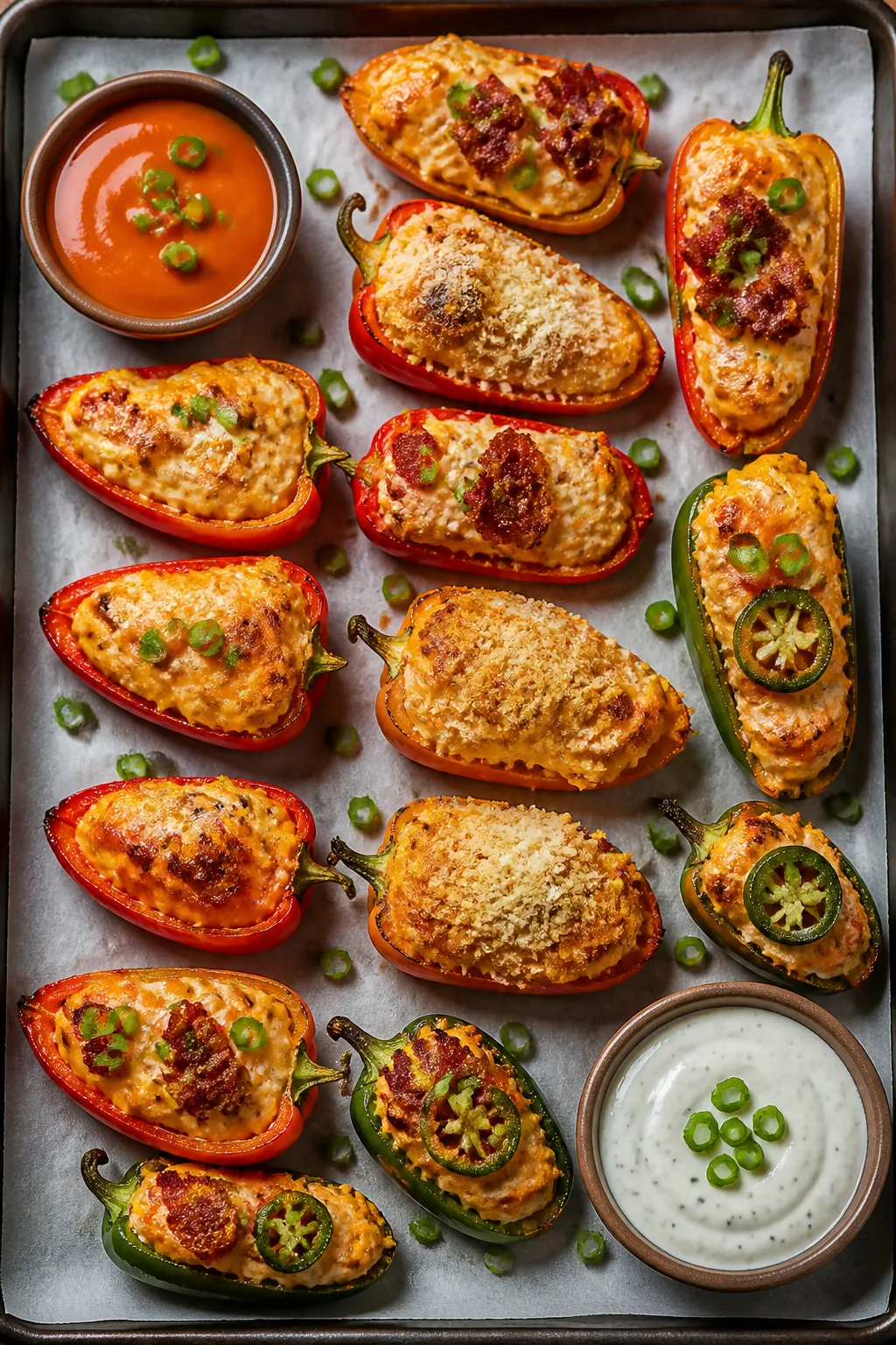 Overhead “tasty top view”: Top-down shot of a meal-prep style tray featuring rows of baked Buffa