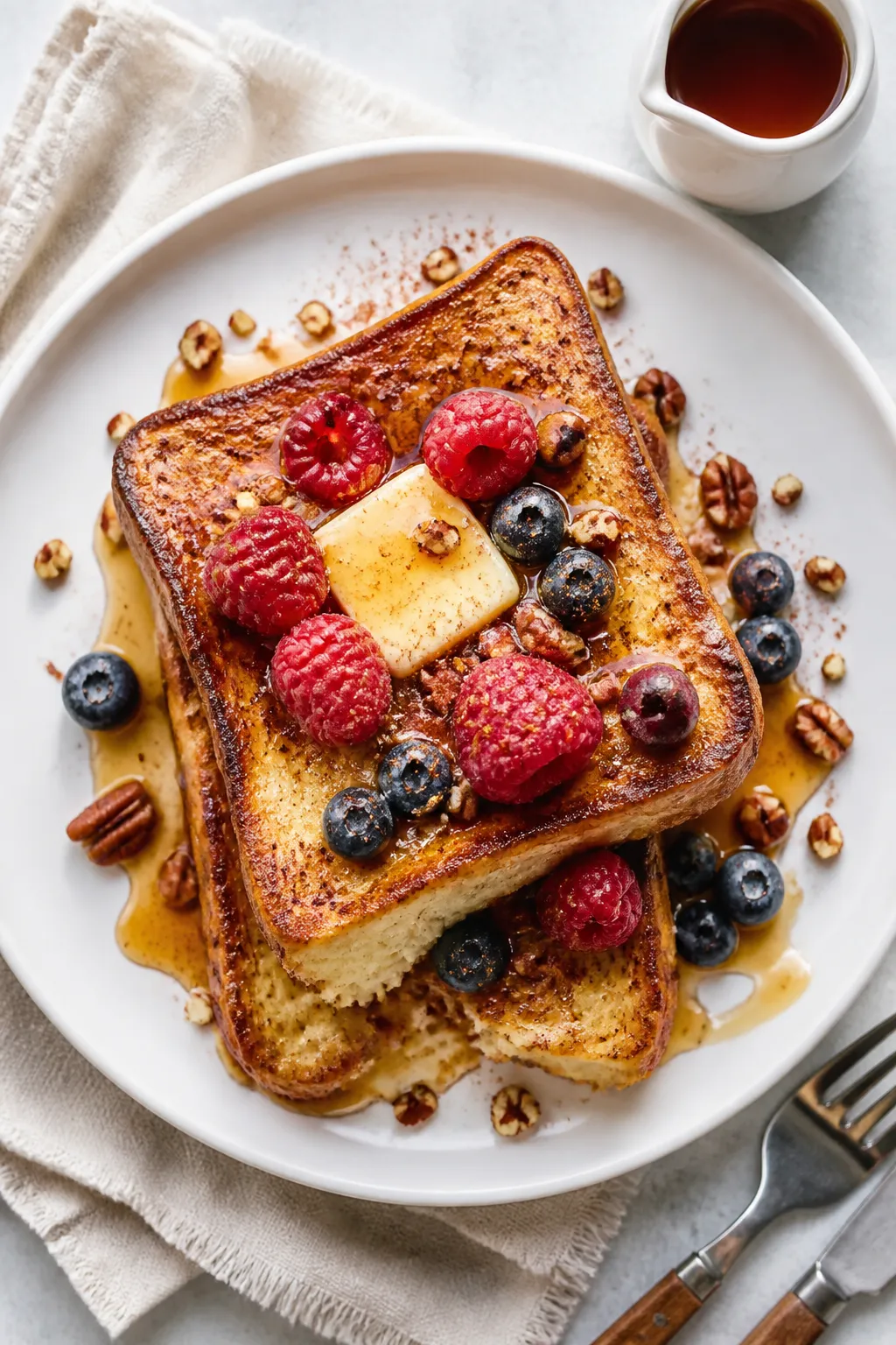 Overhead “tasty top view”: Two stacked slices of keto French toast on a matte white plate, toppe