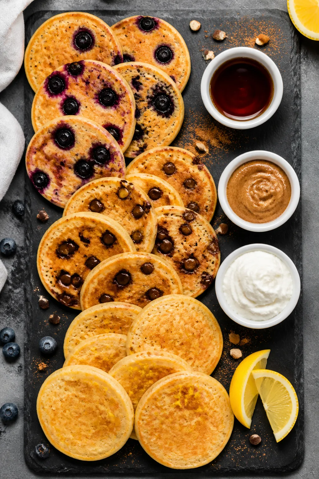 Overhead “tasty top view” variety board: Top-down shot of multiple mini pancakes arranged on a d