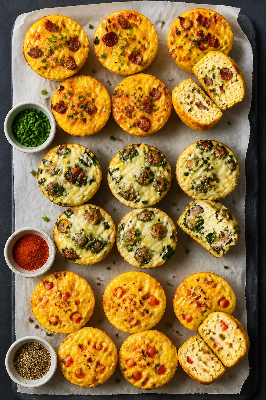 Overhead top view: A meal-prep spread of cooked keto egg muffins in three flavor rows—Classic Baco