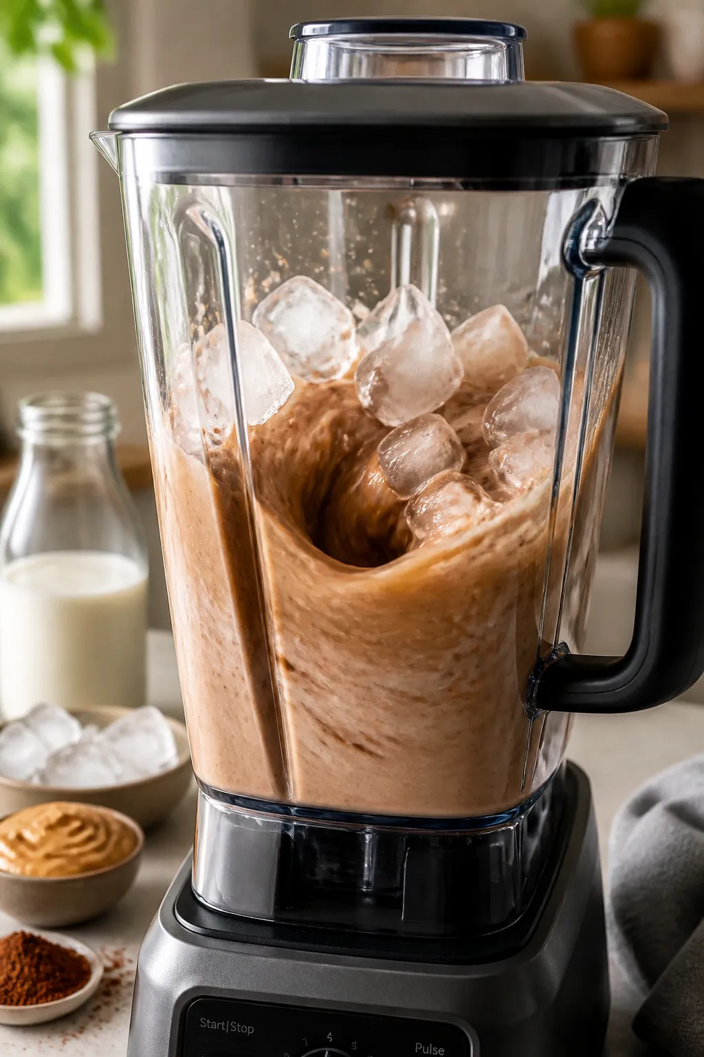 Process-focused action shot of the smoothie mid-blend in a high-speed blender jar: almond milk base 