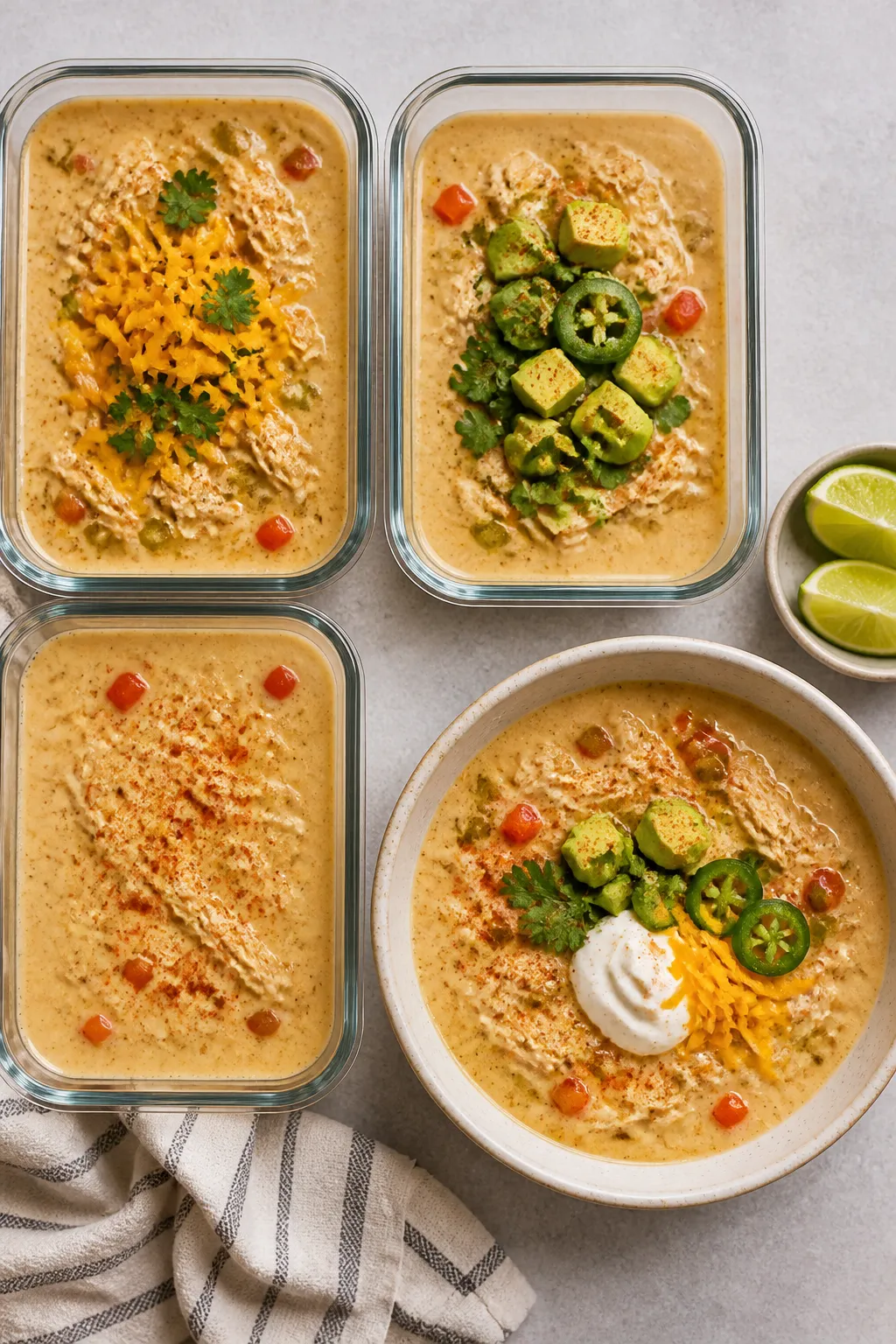 Tasty overhead meal-prep scene: Top-down shot of multiple portions of Keto Chicken Enchilada Soup ar