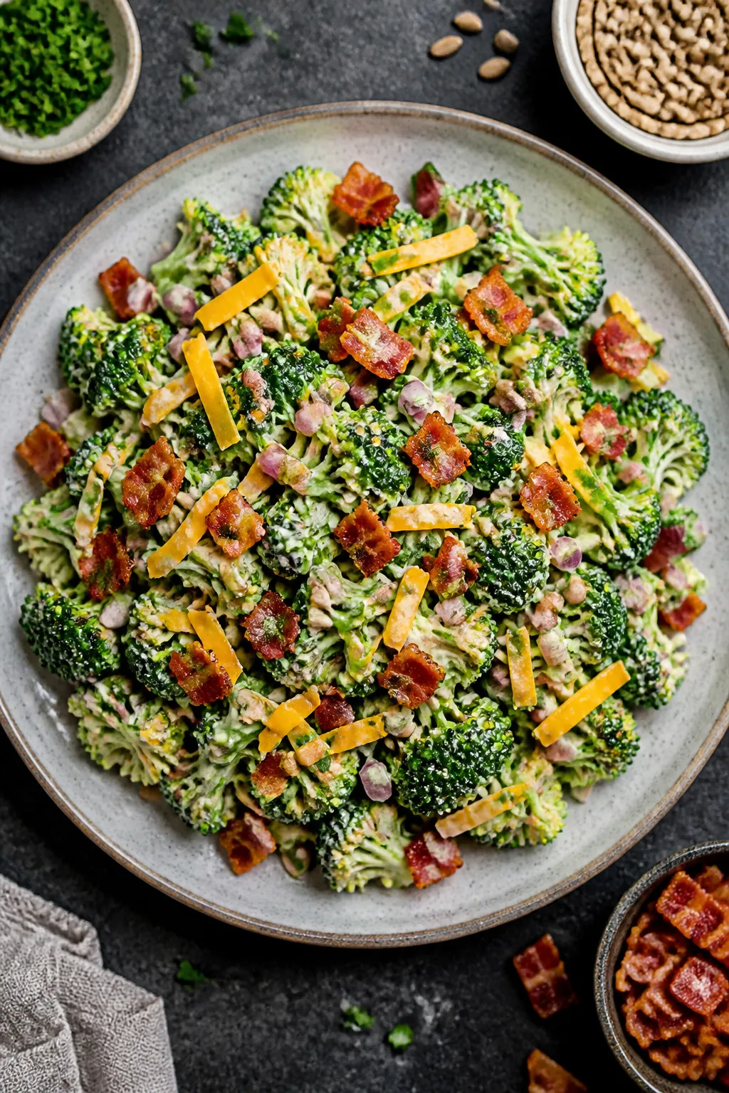Tasty overhead top view: Overhead shot of the finished salad on a dark stone tabletop, showing evenl
