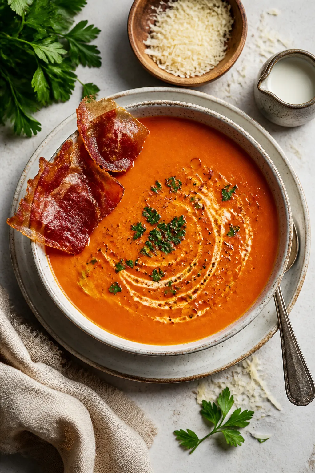 Tasty overhead view: Top-down shot of a cozy weeknight setup featuring a wide bowl of creamy tomato 