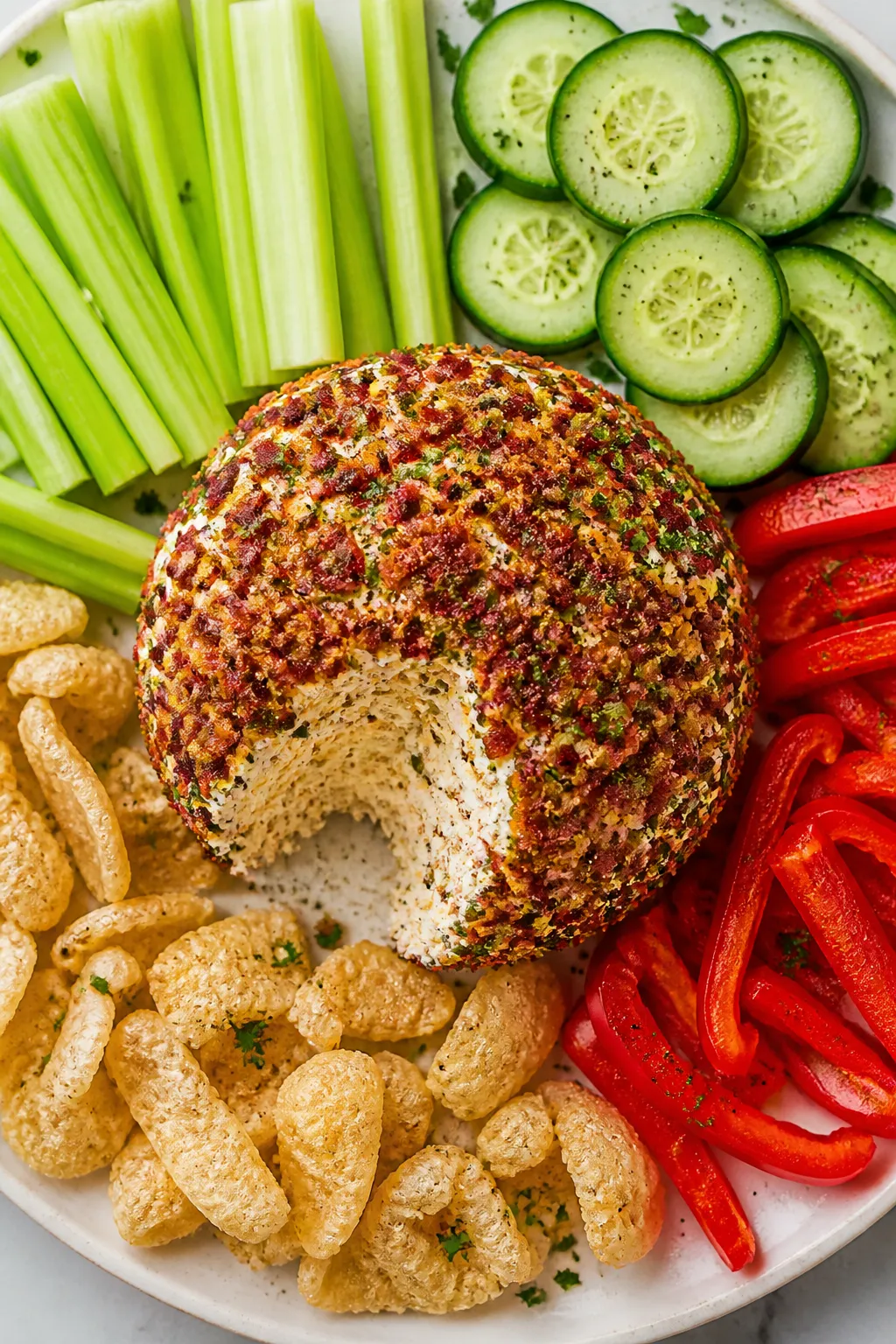 Tasty top-down party spread: Overhead shot of the cheese ball after resting, partially served with a