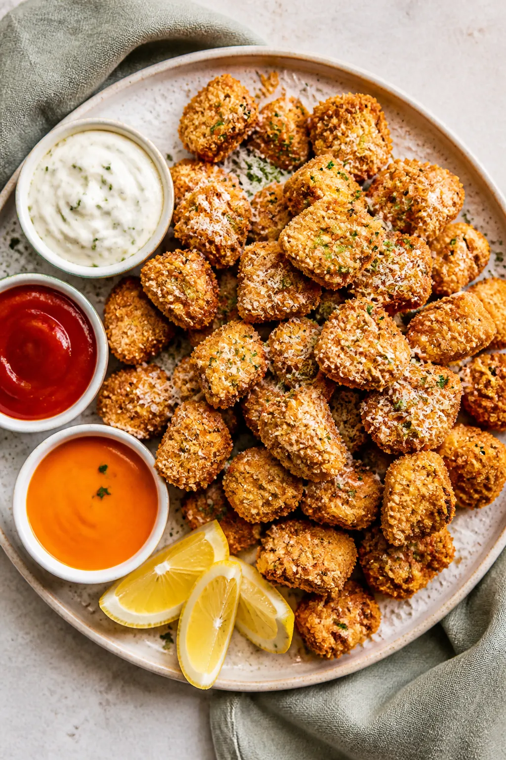 Tasty top view final dish: Overhead shot of a platter of Keto Parmesan Chicken Nuggets piled high, s