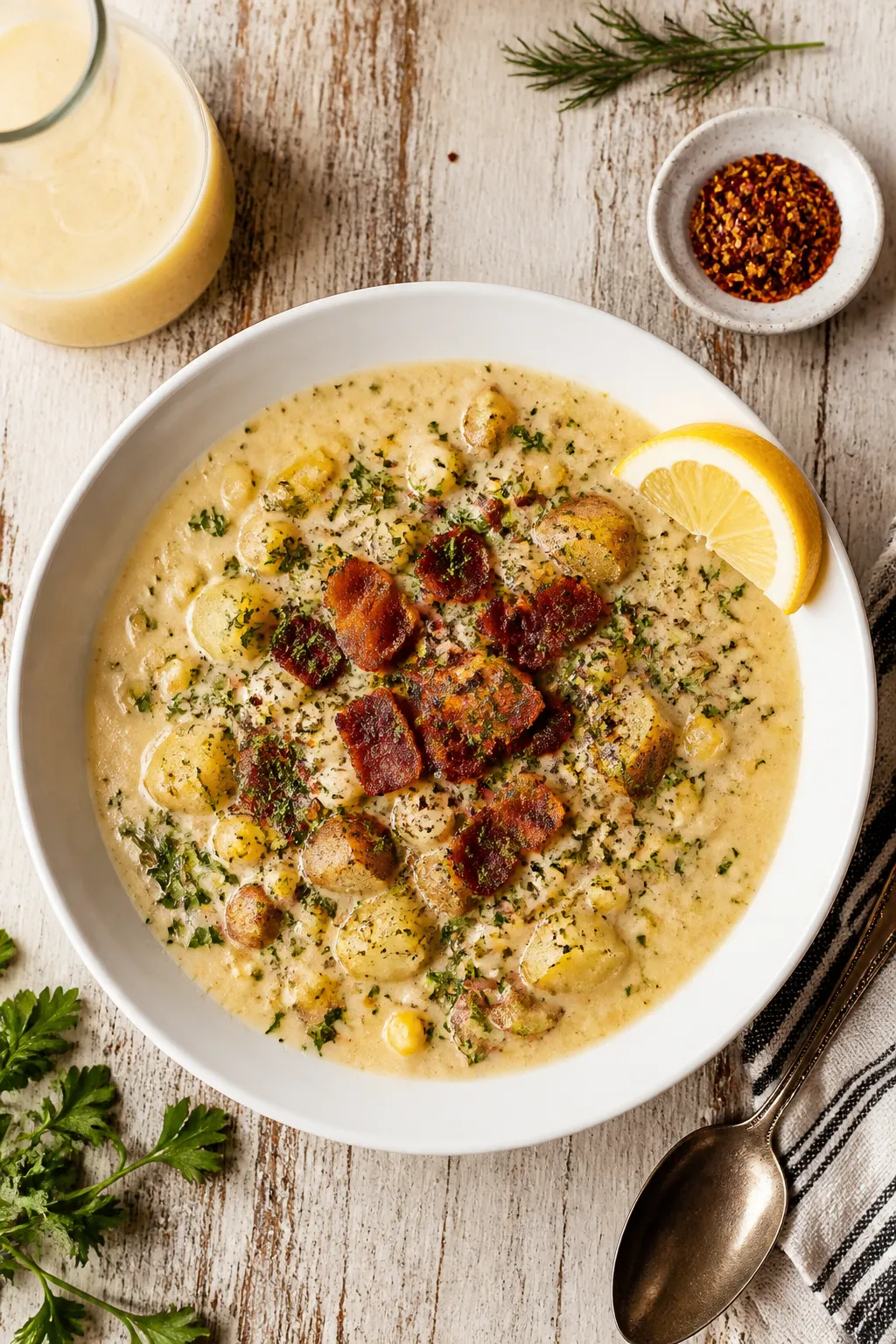 Tasty top view (final dish): Overhead shot of a wide, shallow white bowl filled with the chowder, ga