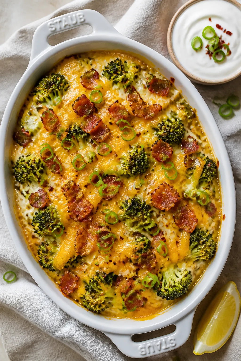 Tasty top view: Final plated Keto Loaded Broccoli in a small white casserole dish on a light linen, 