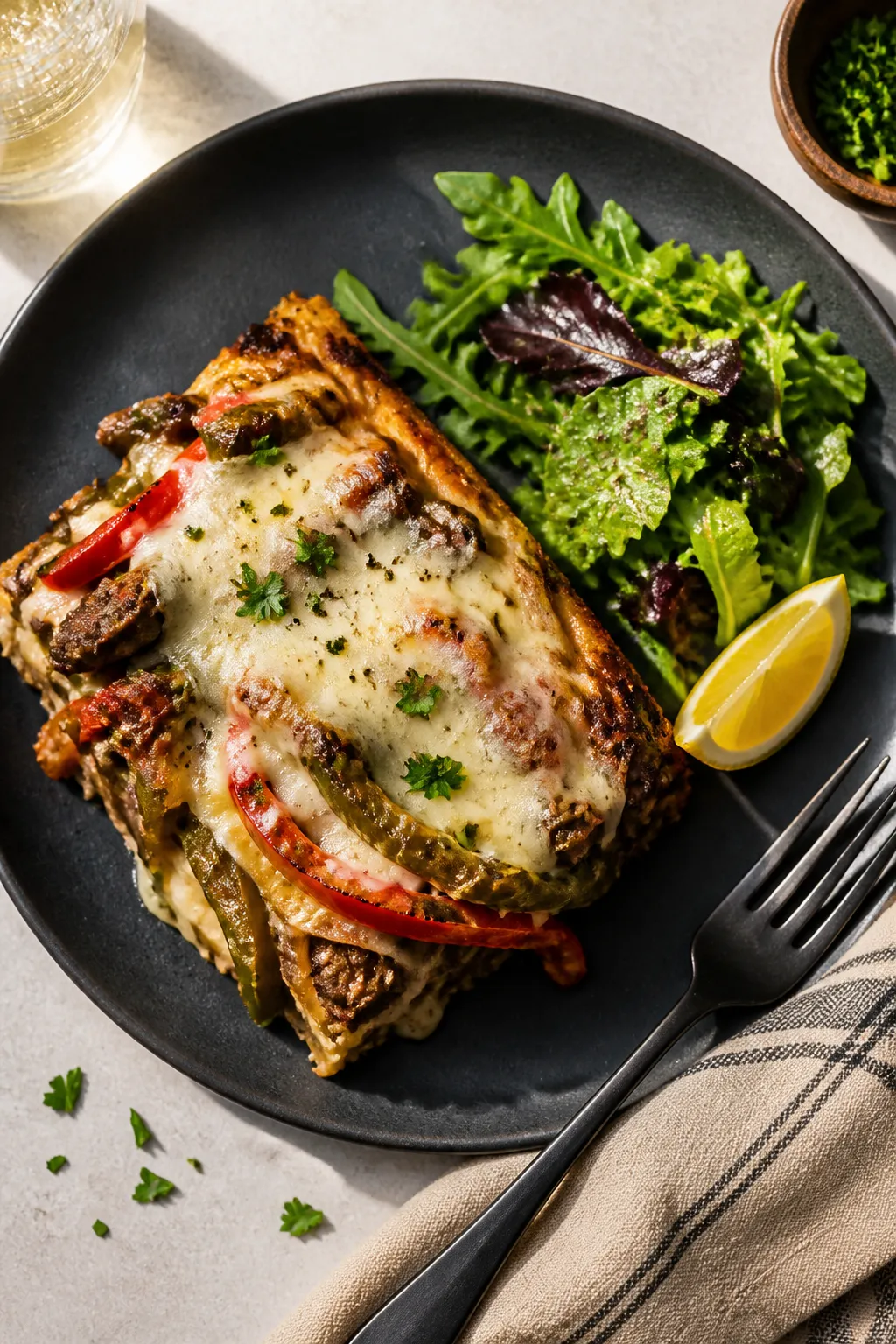 Tasty top view final plating: Overhead shot of a plated square of Keto Philly Cheesesteak Casserole