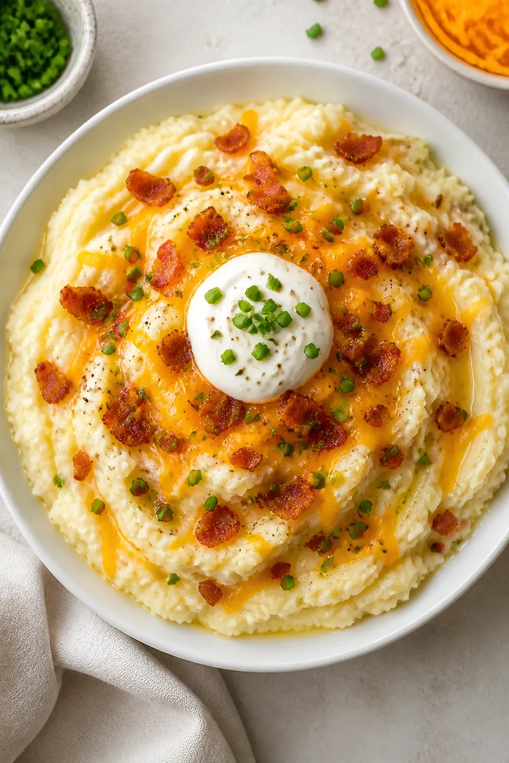 Tasty top view, final presentation: Overhead shot of Keto Loaded Cauliflower Mash in a shallow white