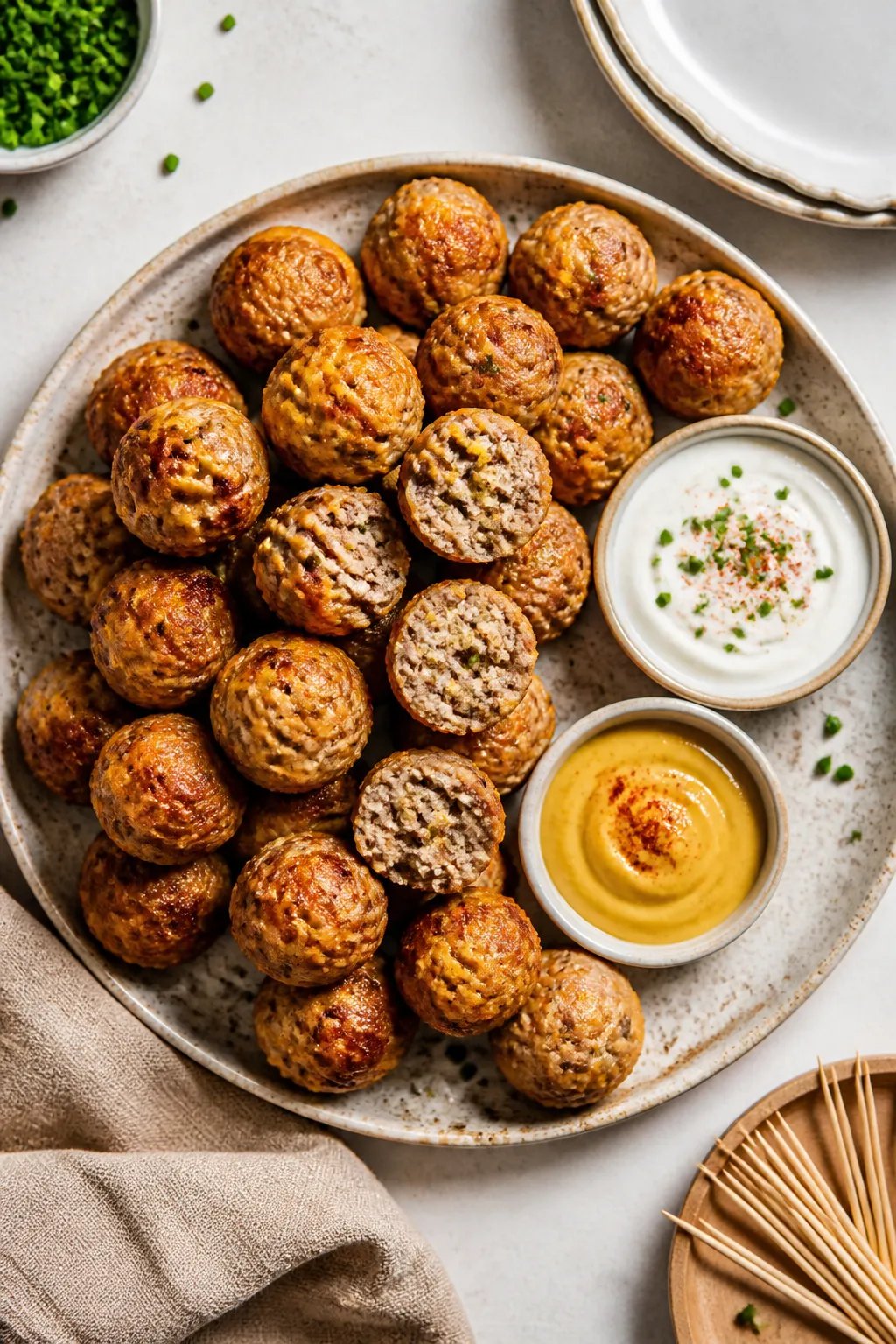 Tasty top view, final presentation: Overhead shot of a rustic platter piled with keto cheesy sausage
