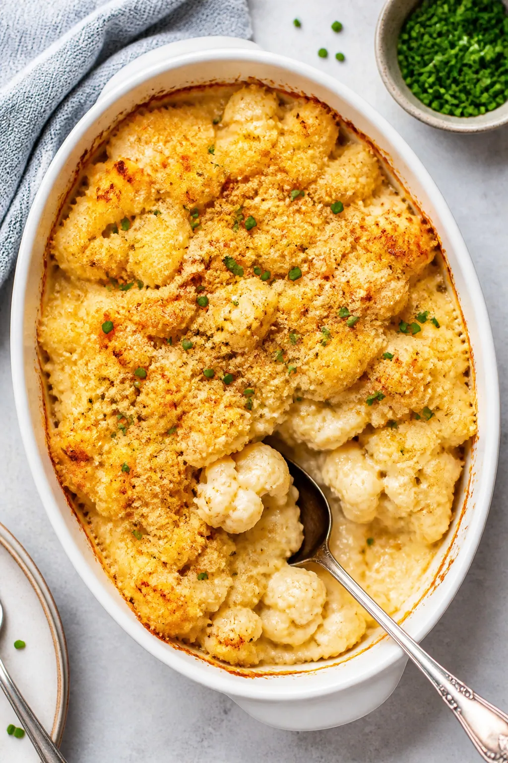 Tasty top view, final presentation: Overhead shot of a baked dish of Keto Cauliflower Mac and Cheese