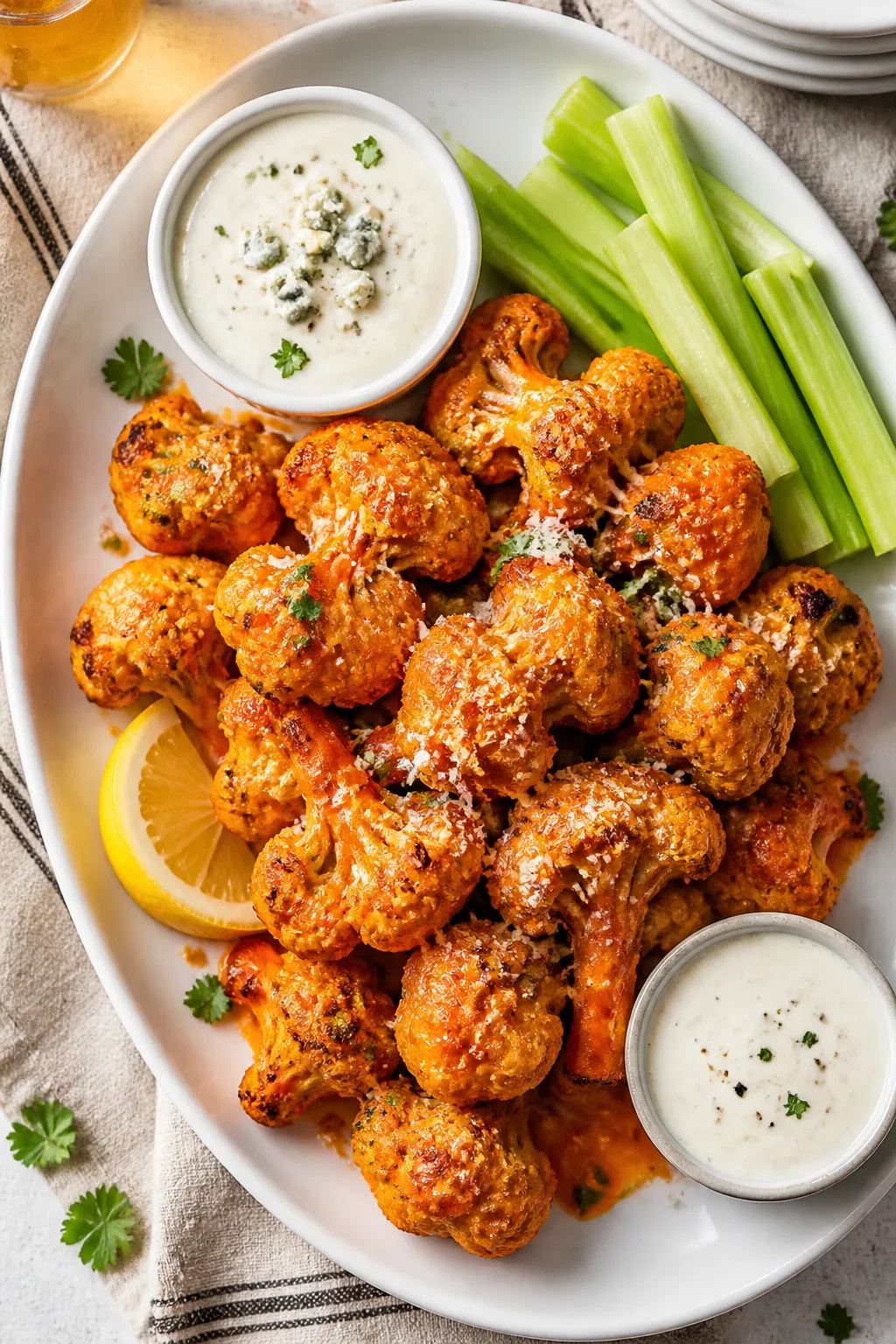 Tasty top-view final presentation: overhead shot of a generous platter of keto buffalo cauliflower b
