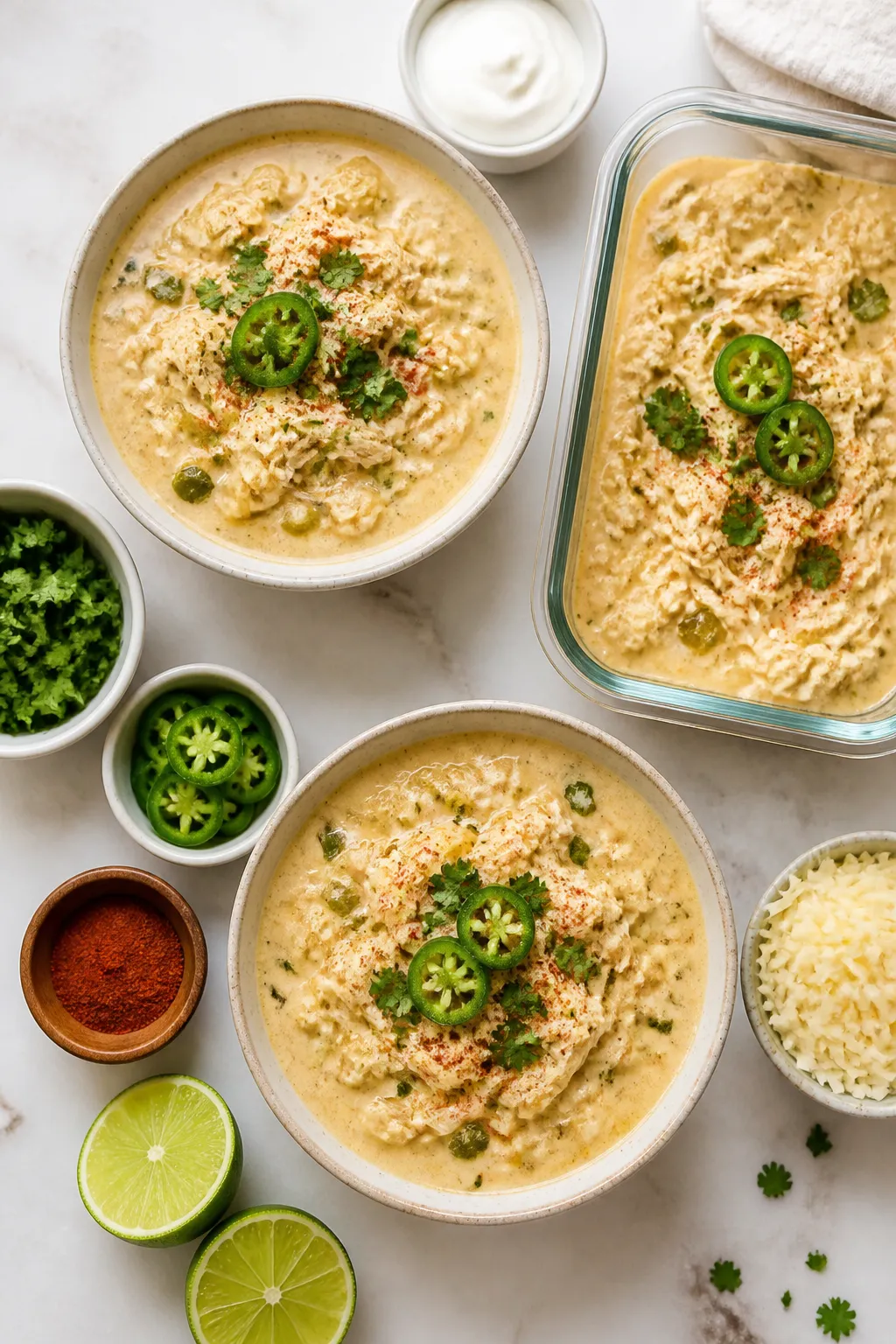 Tasty top view, meal-prep friendly spread: Overhead shot of Keto White Chicken Chili ladled into two