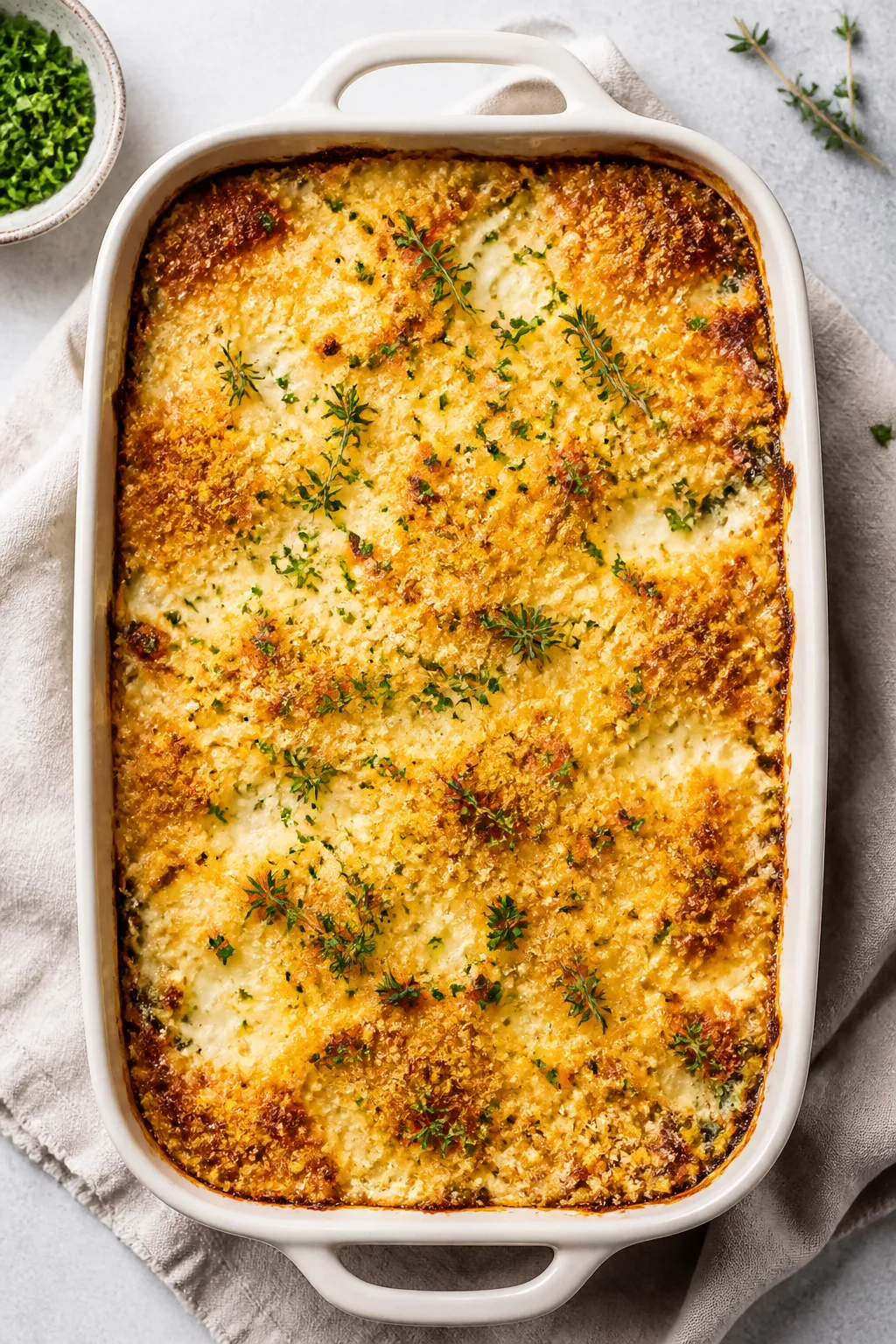 Tasty top view, mid-bake to golden finish: Overhead shot of the casserole just out of the oven in a 