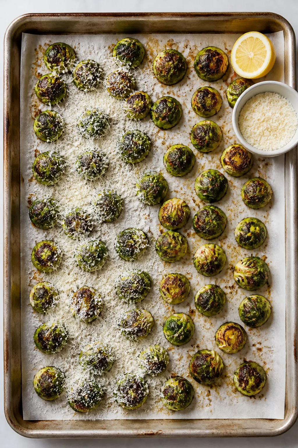 Tasty top view (overhead process-to-serve moment): Overhead shot of roasted Brussels sprouts arrange